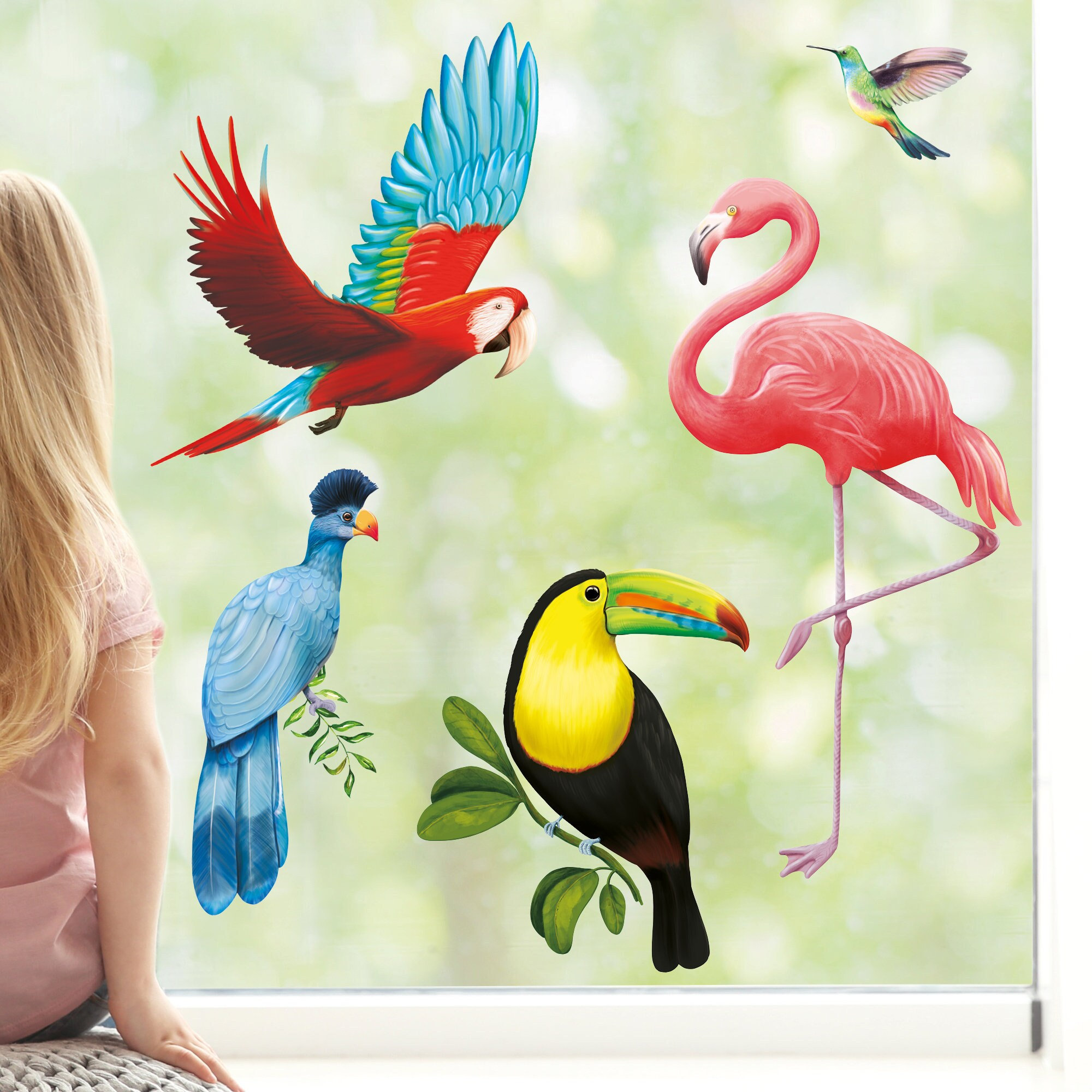 Wiederverwendbares Fensterbild Exotische Vögel Vogelset Fensteraufkleber Kinderzimmer Baby Kind, Frühlingsdeko,Sommer, Papagei, Flamingo