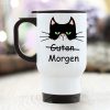 Auf dem Bild ist das Produkt: Edelstahl Thermobecher To Go Katze Grimmig Grumpy cat Guten Morgen Geschenk Geburtstag 390 ml mit Griff zum Preis von €21.9 abgebildet.