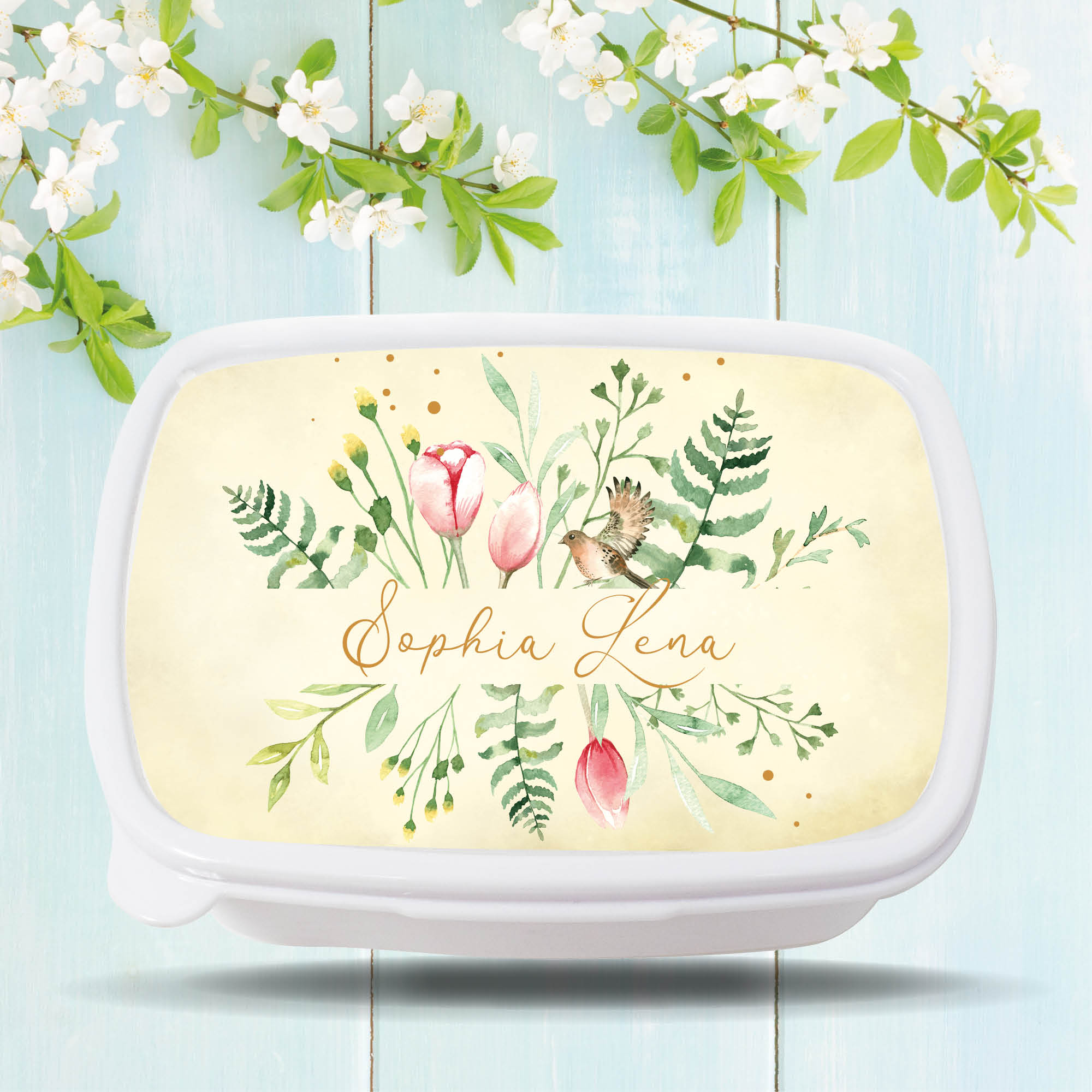Auf dem Bild ist das Produkt: Brotdose Aquarell Wildblumen floral personalisiert mit dem Wunschnamen, kratz- und bruchsicher, Geschenk Geburtstag, Einschulungsgeschenk zum Preis von €16.90 abgebildet.
