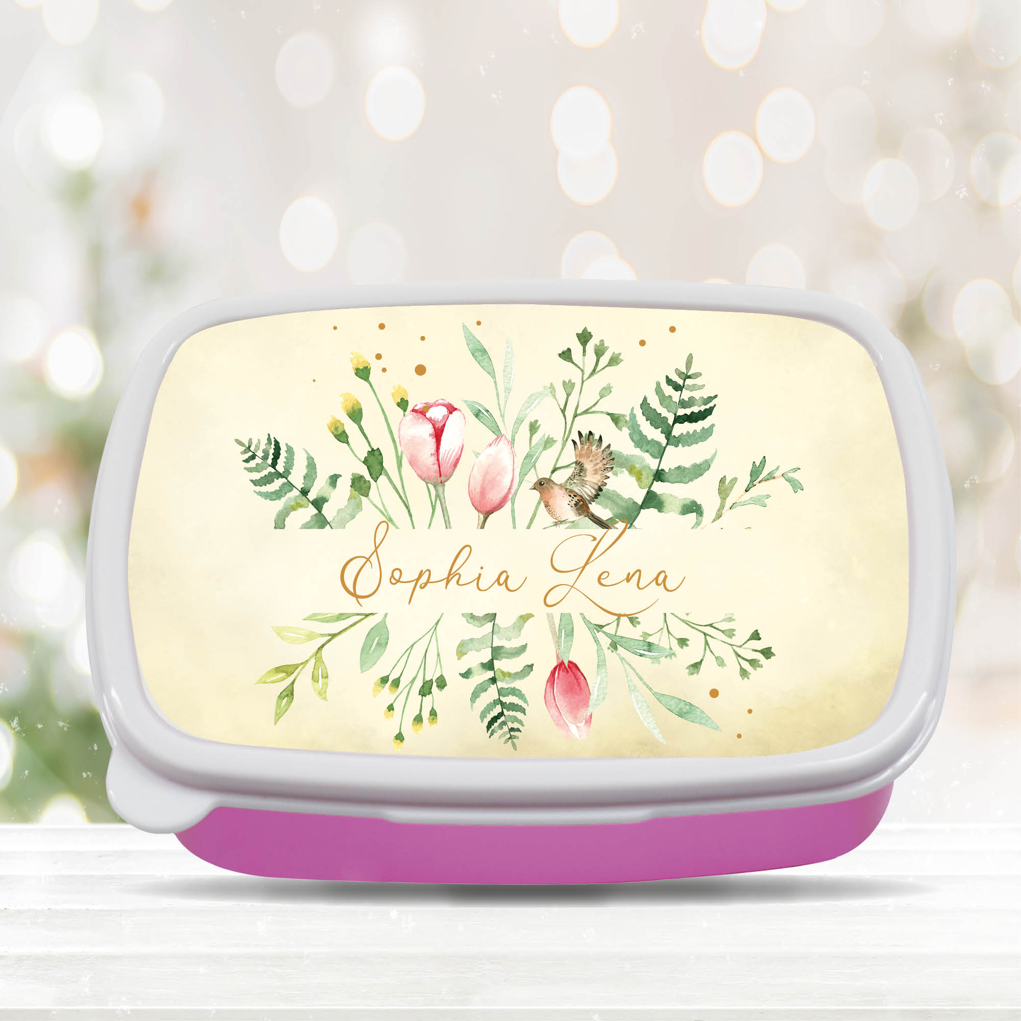 Auf dem Bild ist das Produkt: Brotdose Aquarell Wildblumen floral personalisiert mit dem Wunschnamen, kratz- und bruchsicher, Geschenk Geburtstag, Einschulungsgeschenk zum Preis von €16.90 abgebildet.