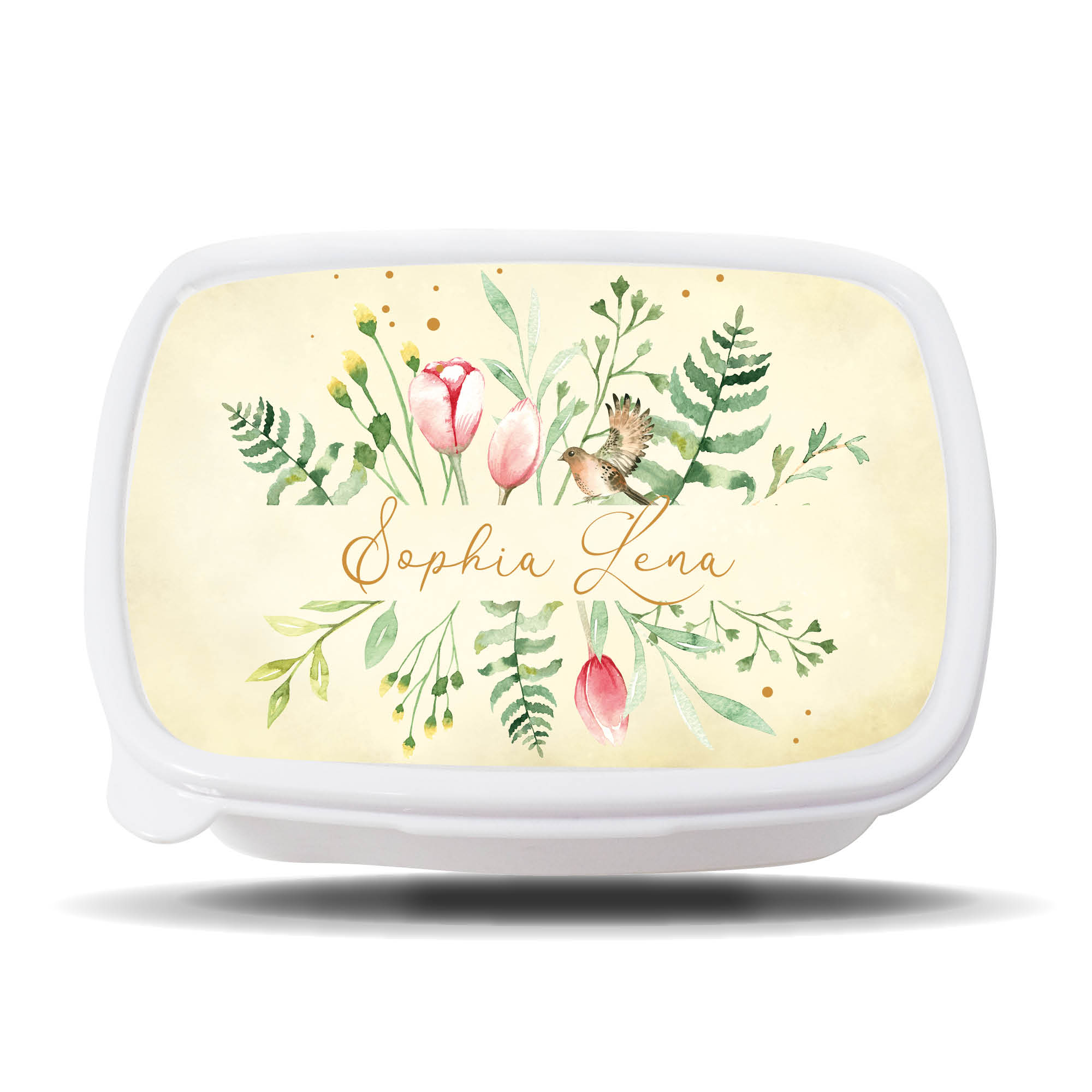 Auf dem Bild ist das Produkt: Brotdose Aquarell Wildblumen floral personalisiert mit dem Wunschnamen, kratz- und bruchsicher, Geschenk Geburtstag, Einschulungsgeschenk zum Preis von €16.90 abgebildet.