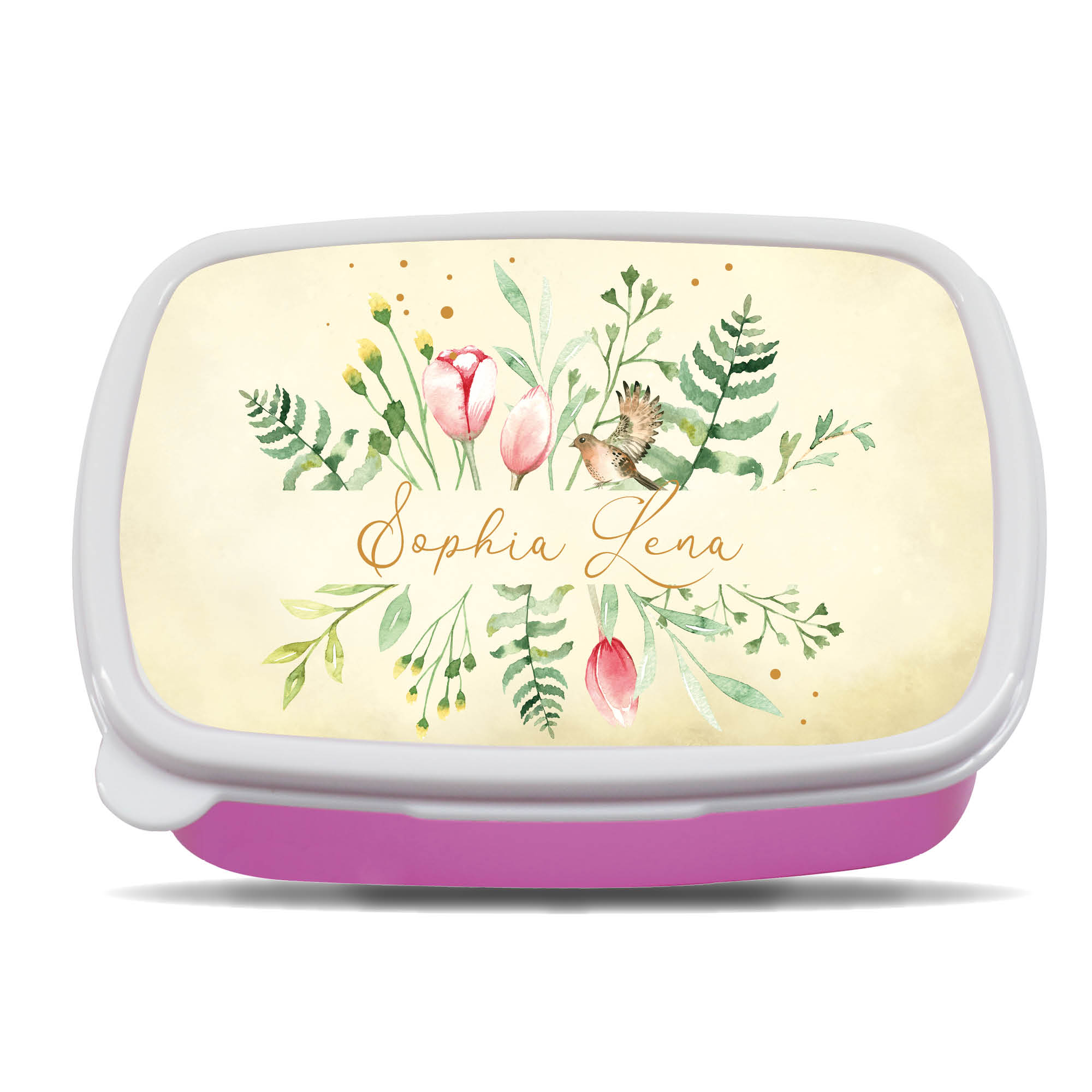 Auf dem Bild ist das Produkt: Brotdose Aquarell Wildblumen floral personalisiert mit dem Wunschnamen, kratz- und bruchsicher, Geschenk Geburtstag, Einschulungsgeschenk zum Preis von €16.90 abgebildet.