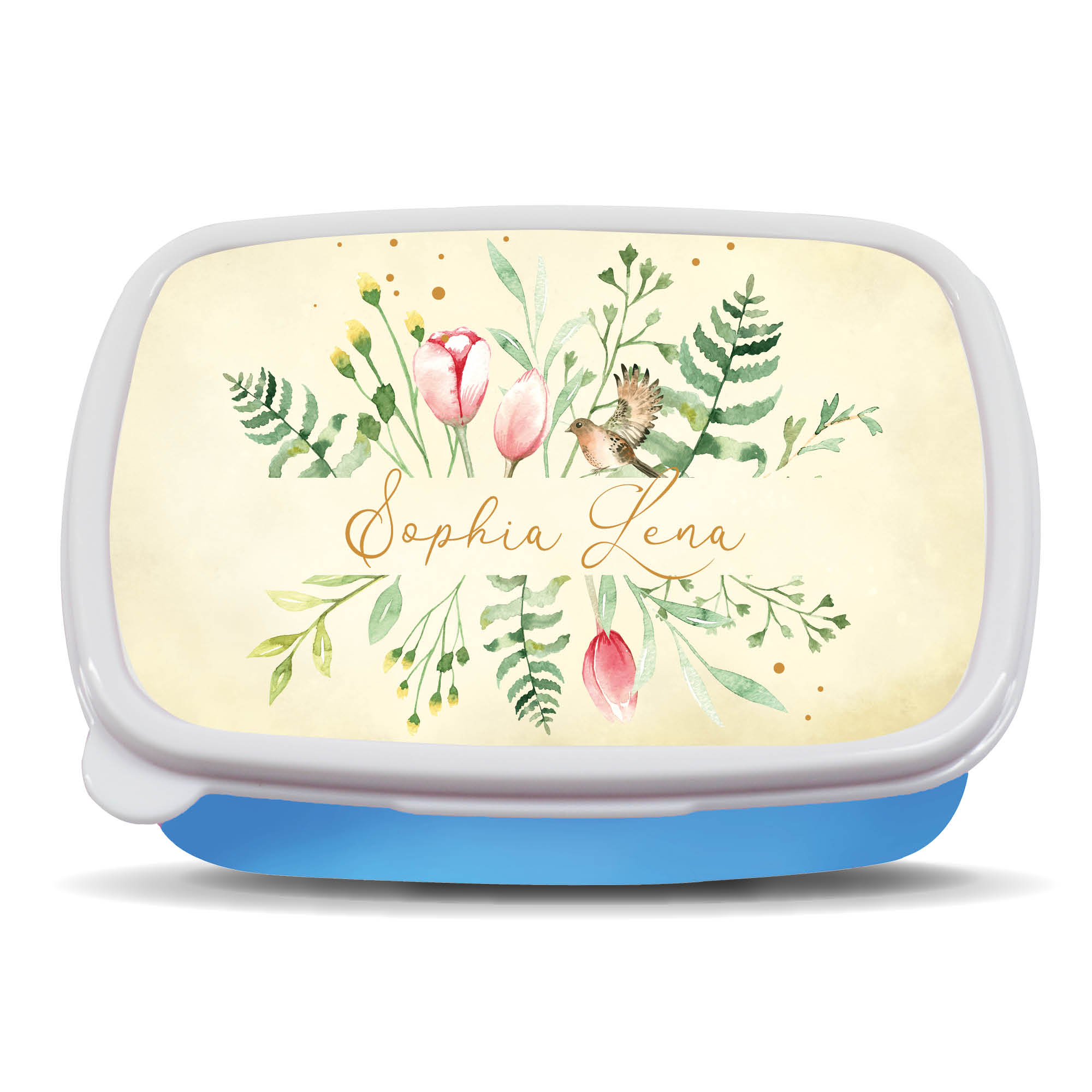 Auf dem Bild ist das Produkt: Brotdose Aquarell Wildblumen floral personalisiert mit dem Wunschnamen, kratz- und bruchsicher, Geschenk Geburtstag, Einschulungsgeschenk zum Preis von €16.90 abgebildet.