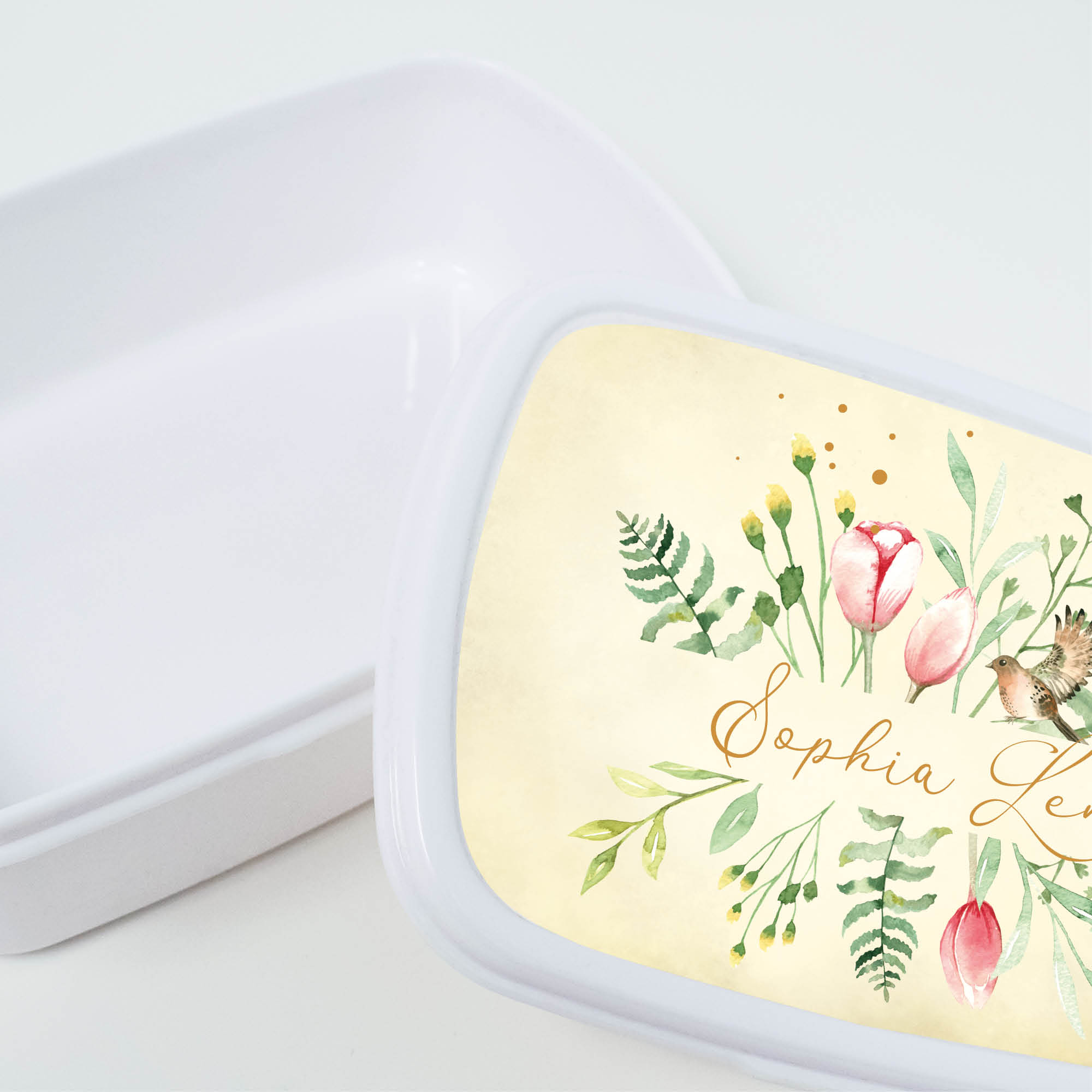 Auf dem Bild ist das Produkt: Brotdose Aquarell Wildblumen floral personalisiert mit dem Wunschnamen, kratz- und bruchsicher, Geschenk Geburtstag, Einschulungsgeschenk zum Preis von €16.90 abgebildet.