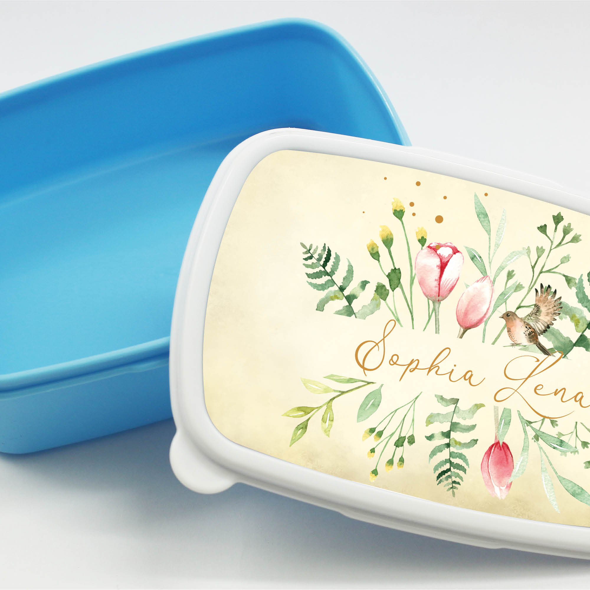 Auf dem Bild ist das Produkt: Brotdose Aquarell Wildblumen floral personalisiert mit dem Wunschnamen, kratz- und bruchsicher, Geschenk Geburtstag, Einschulungsgeschenk zum Preis von €16.90 abgebildet.