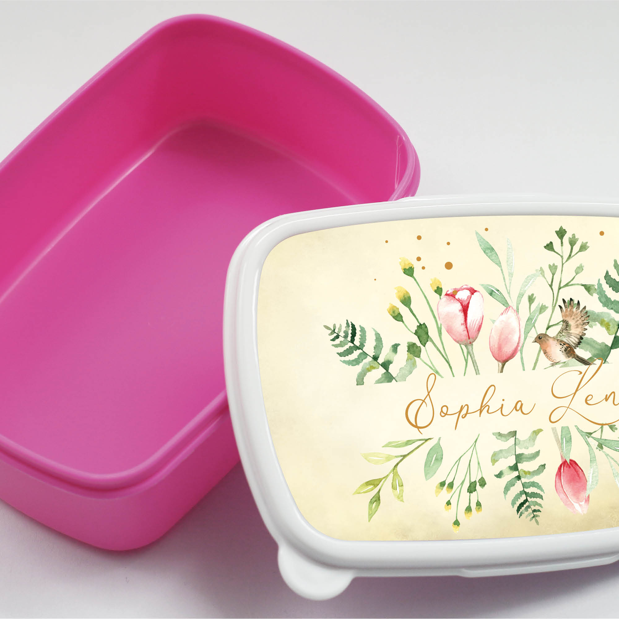 Auf dem Bild ist das Produkt: Brotdose Aquarell Wildblumen floral personalisiert mit dem Wunschnamen, kratz- und bruchsicher, Geschenk Geburtstag, Einschulungsgeschenk zum Preis von €16.90 abgebildet.