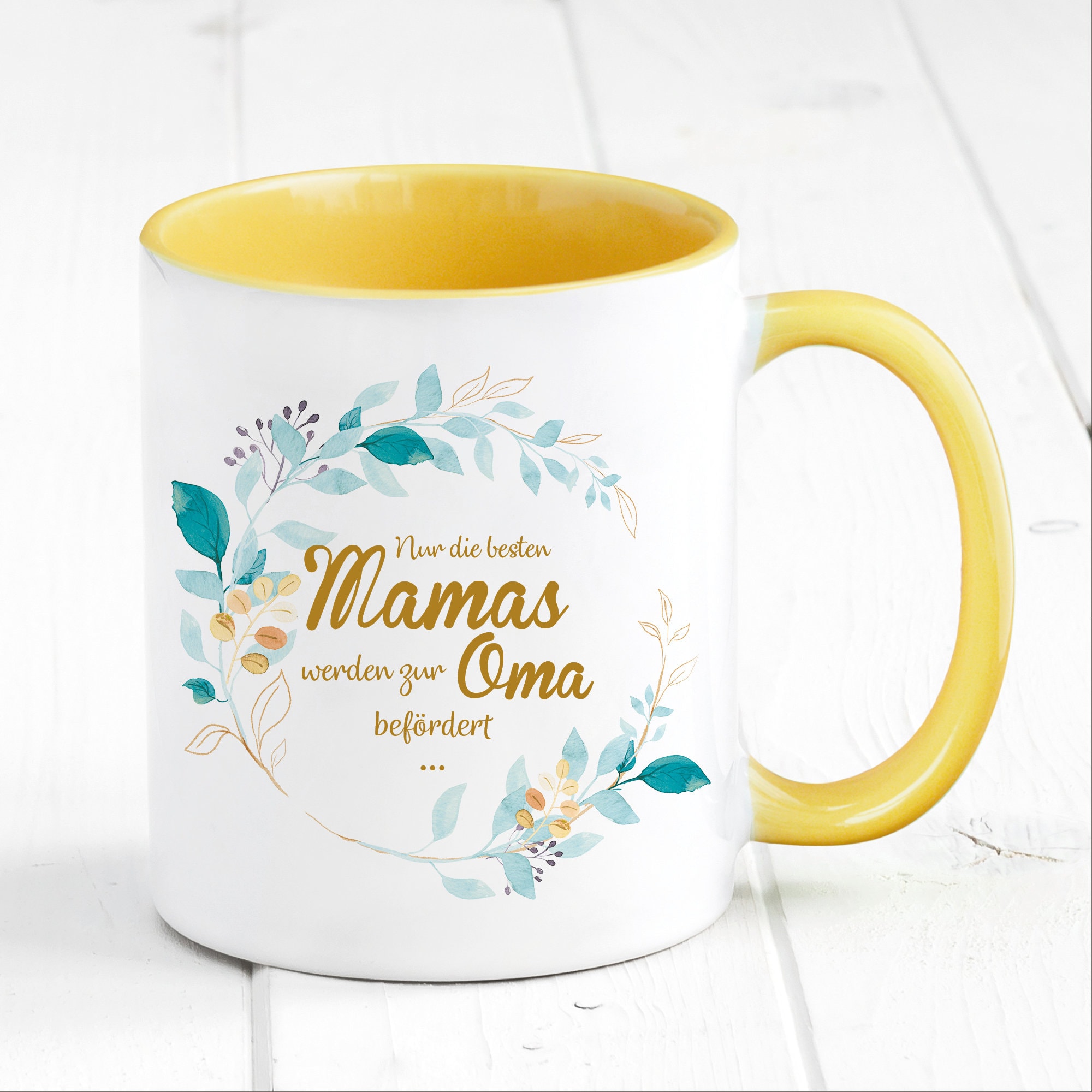 Bedruckte Tasse Nur die besten Mamas werden zur Oma befördert… Geschenk Mama Oma grün Blätterkranz, Ostergeschenk, Muttertag