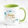 Auf dem Bild ist das Produkt: Bedruckte Tasse Nur die besten Mamas werden zur Oma befördert… Geschenk Mama Oma grün Blätterkranz, Ostergeschenk, Muttertag zum Preis von €18.9 abgebildet.