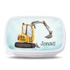 Auf dem Bild ist das Produkt: Brotdose gelber Bagger personalisiert mit Wunschnamen Schule Geschenk Einschulung Geburtstag zum Preis von €19.90 abgebildet.