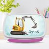 Auf dem Bild ist das Produkt: Brotdose gelber Bagger personalisiert mit Wunschnamen Schule Geschenk Einschulung Geburtstag zum Preis von €19.90 abgebildet.