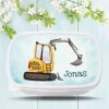 Auf dem Bild ist das Produkt: Brotdose gelber Bagger personalisiert mit Wunschnamen Schule Geschenk Einschulung Geburtstag zum Preis von €19.90 abgebildet.