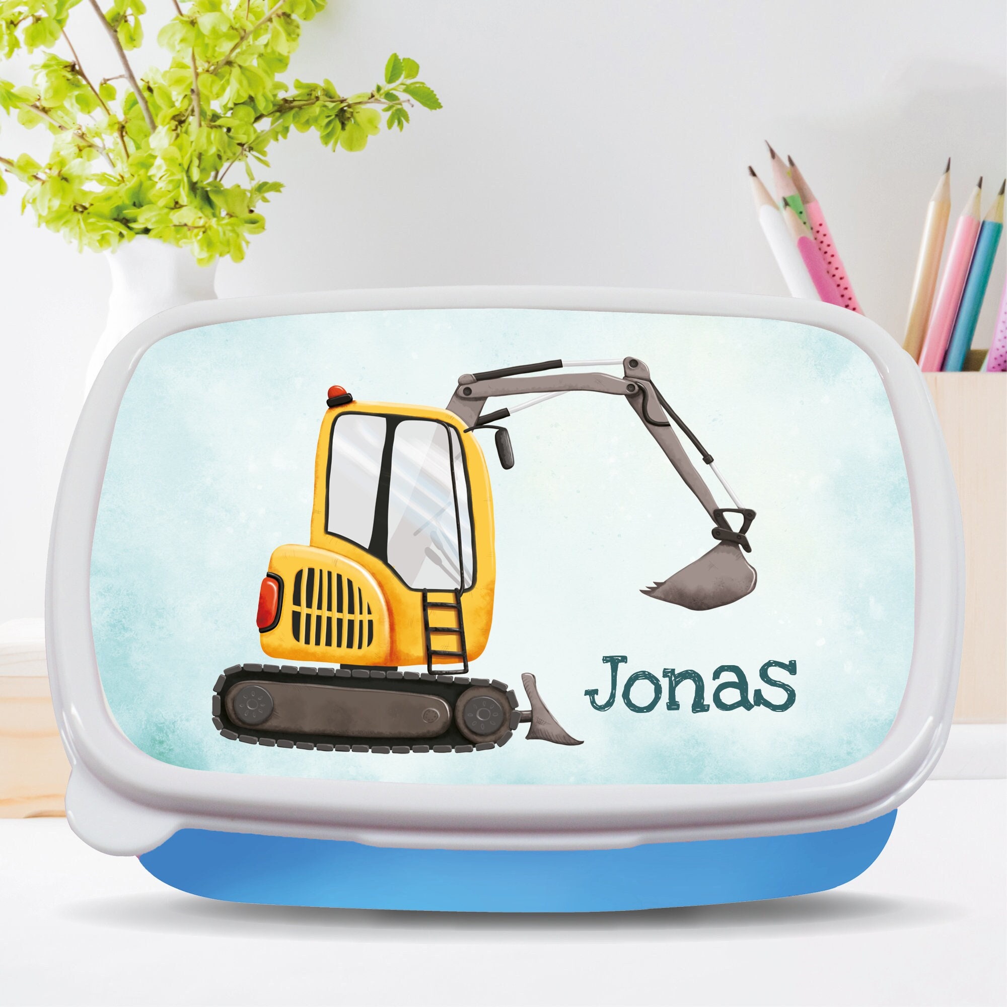 Brotdose gelber Bagger personalisiert mit Wunschnamen Schule Geschenk Einschulung Geburtstag