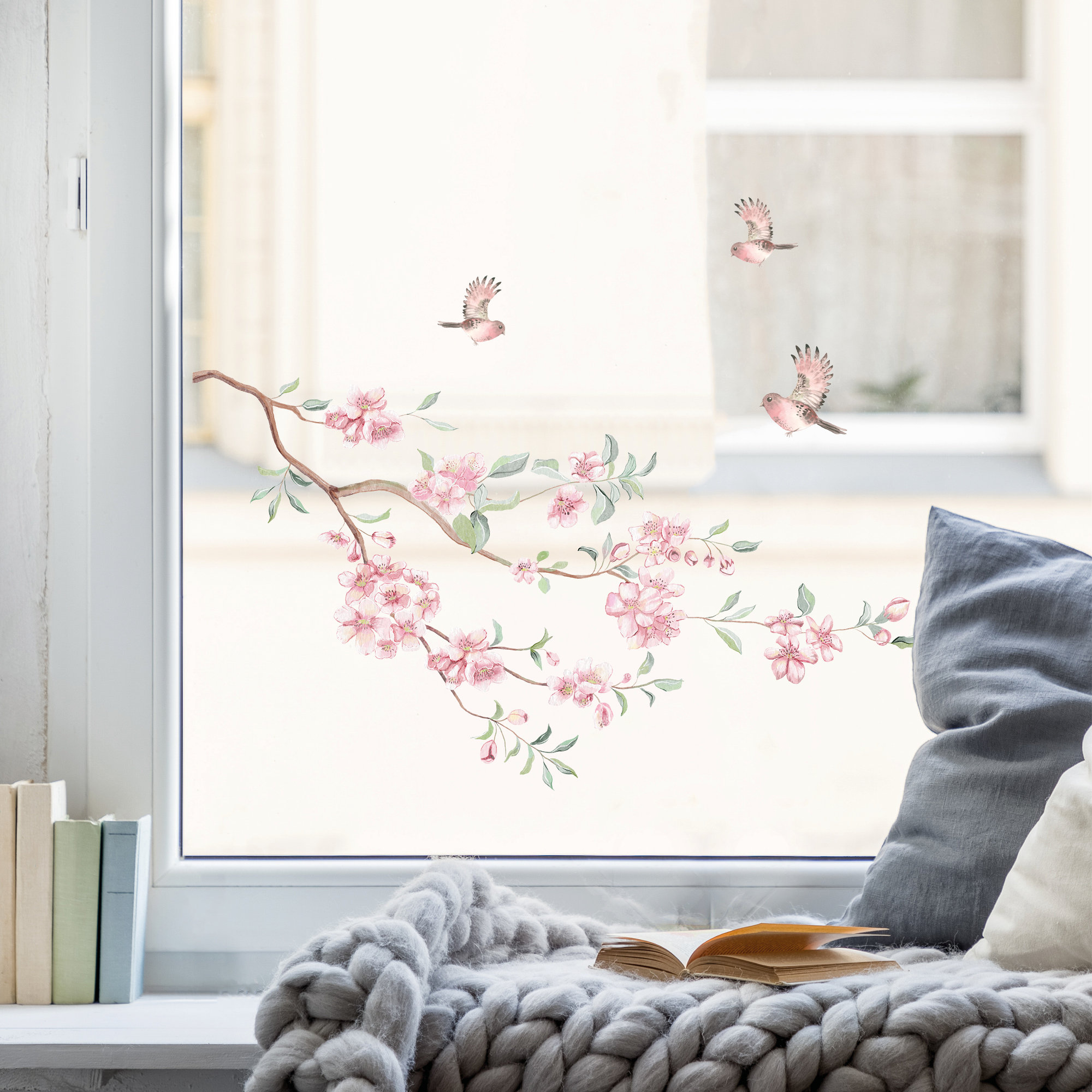 Fensterbild Frühling Kirschblütenzweig mit Vögeln bunt farbig wiederverwendbare Fensteraufkleber Kinderzimmer Baby Kind, Osterdeko