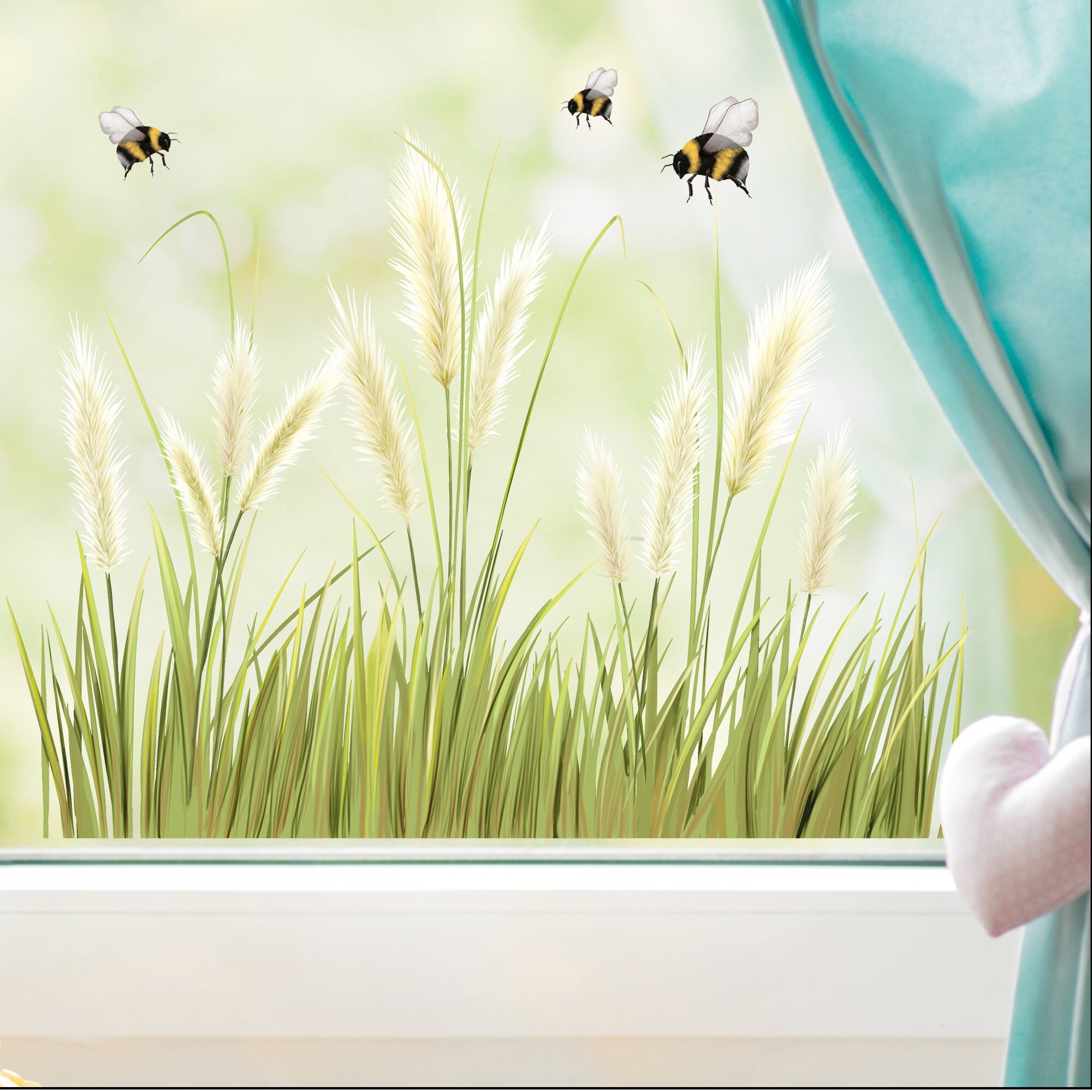Fensterbild Frühling Sommer Pampasgras und Hummeln auf einer Wiese, Fensterdeko