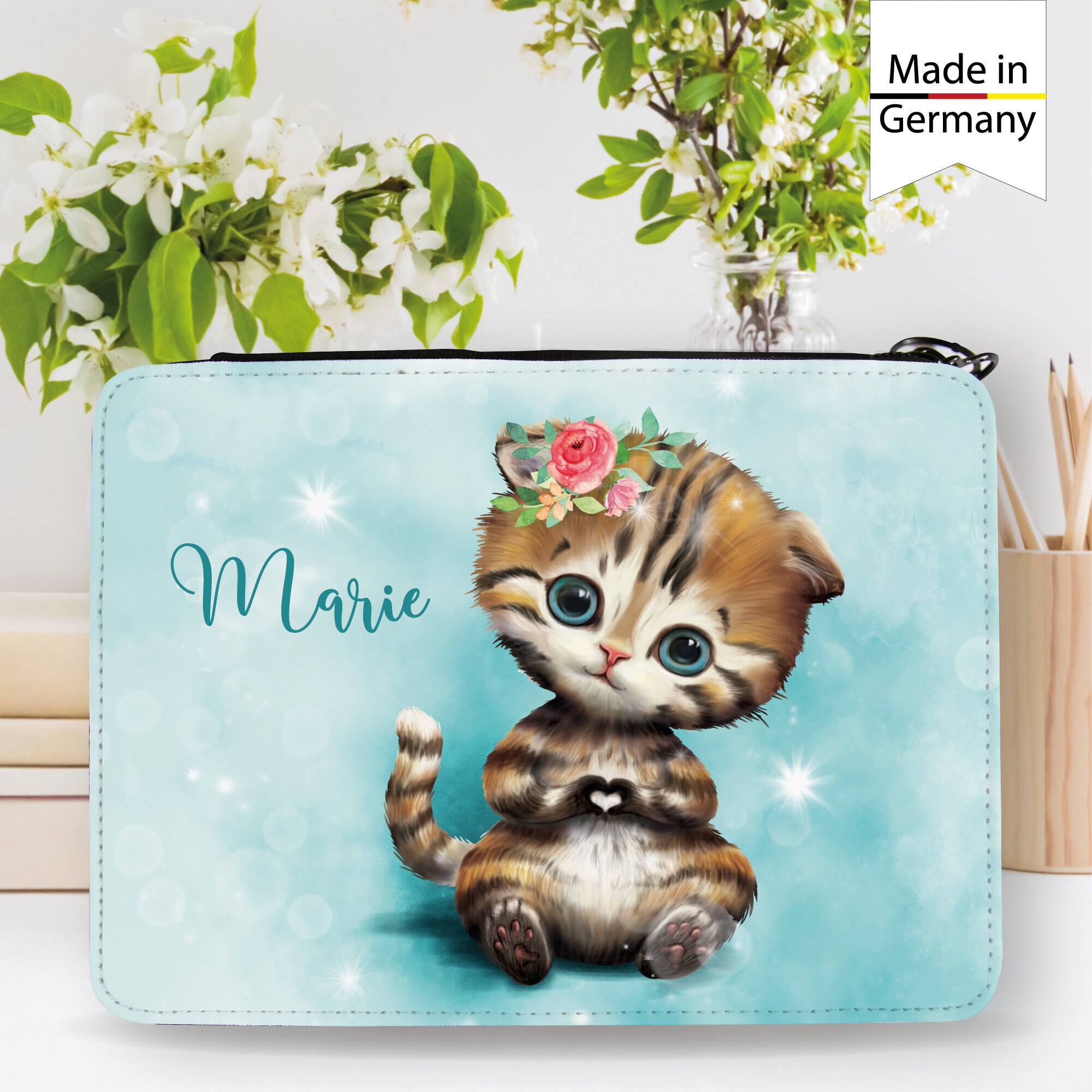 Gefüllte Federtasche Federmäppchen Katze personalisiert Wunschname Mädchen, Geschenk Geburtstag, Einschulungsgeschenk