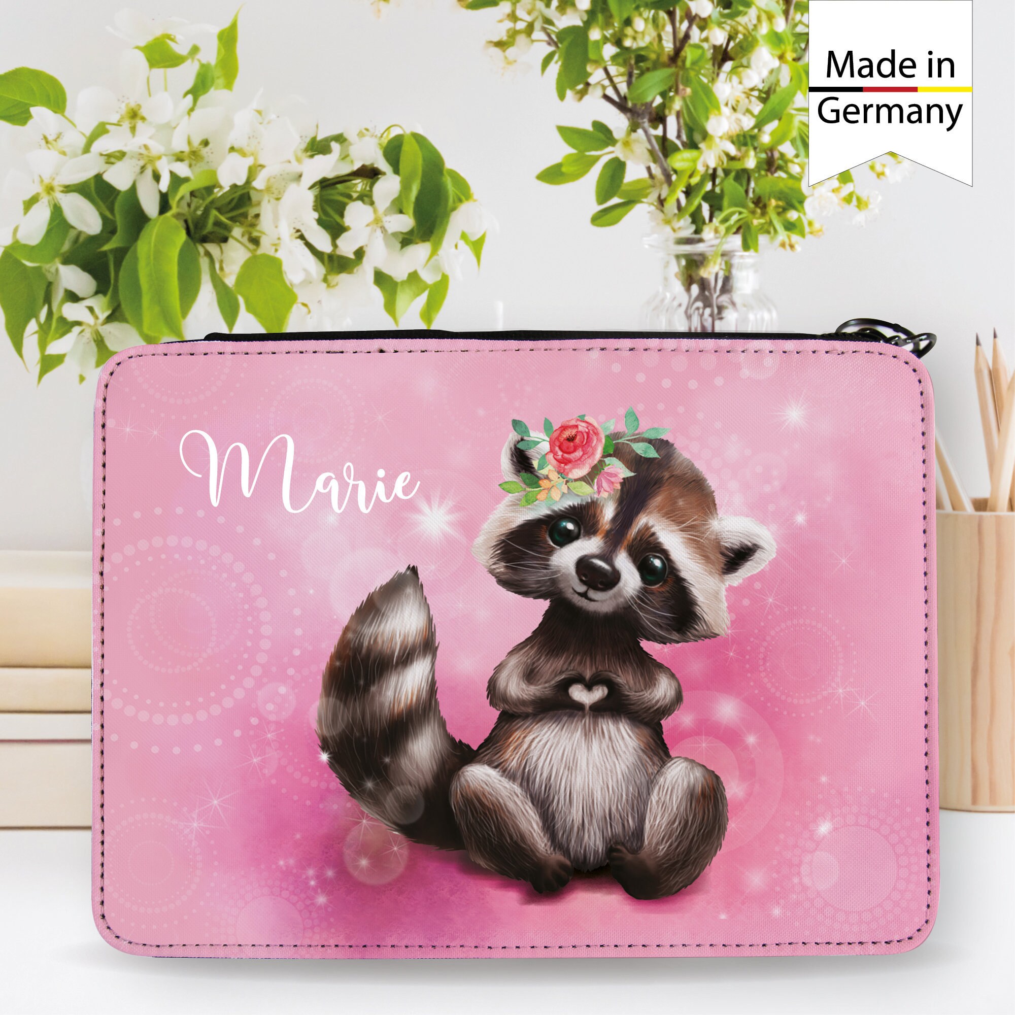 Gefüllte Federtasche Federmäppchen Waschbär personalisiert Wunschname Mädchen, Geschenk Geburtstag, Einschulungsgeschenk