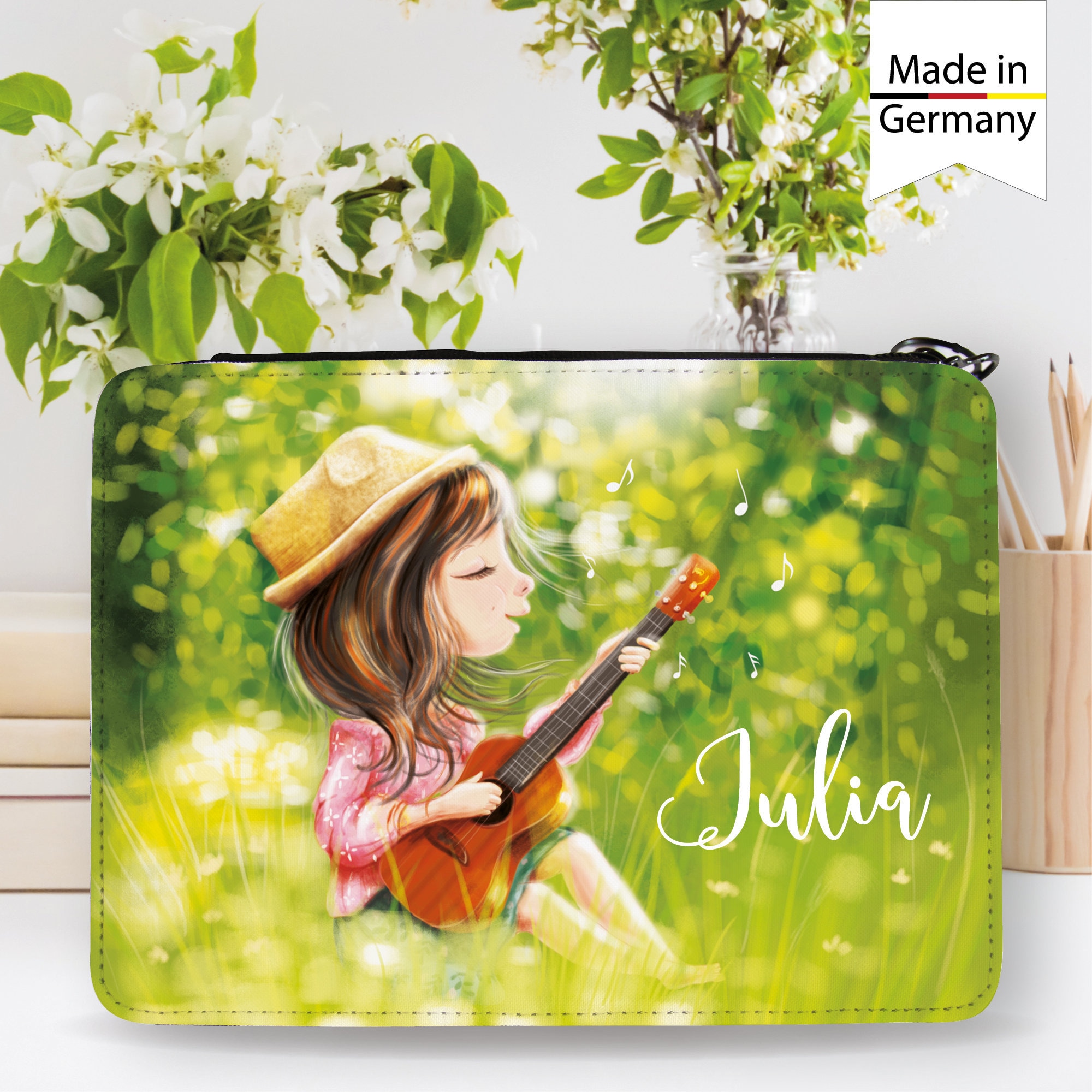 Gefüllte Federtasche Federmappe Mädchen mit Gitarre personalisiert mit Wunschnamen Mädchen, Geschenk Geburtstag, Einschulungsgeschenk