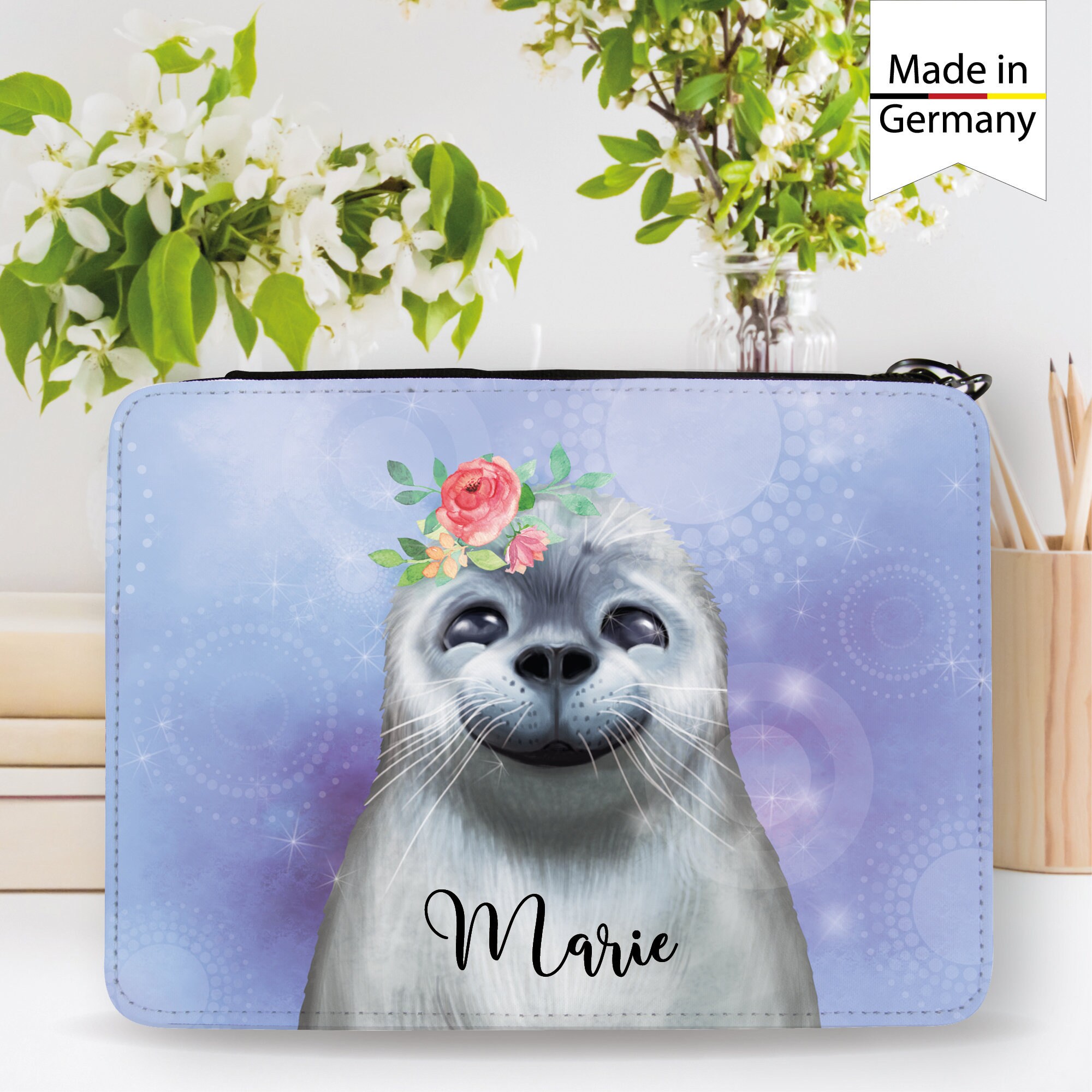 Gefüllte Federtasche Federmappe Robbe personalisiert mit Wunschnamen Mädchen, Geschenk Geburtstag, Einschulungsgeschenk