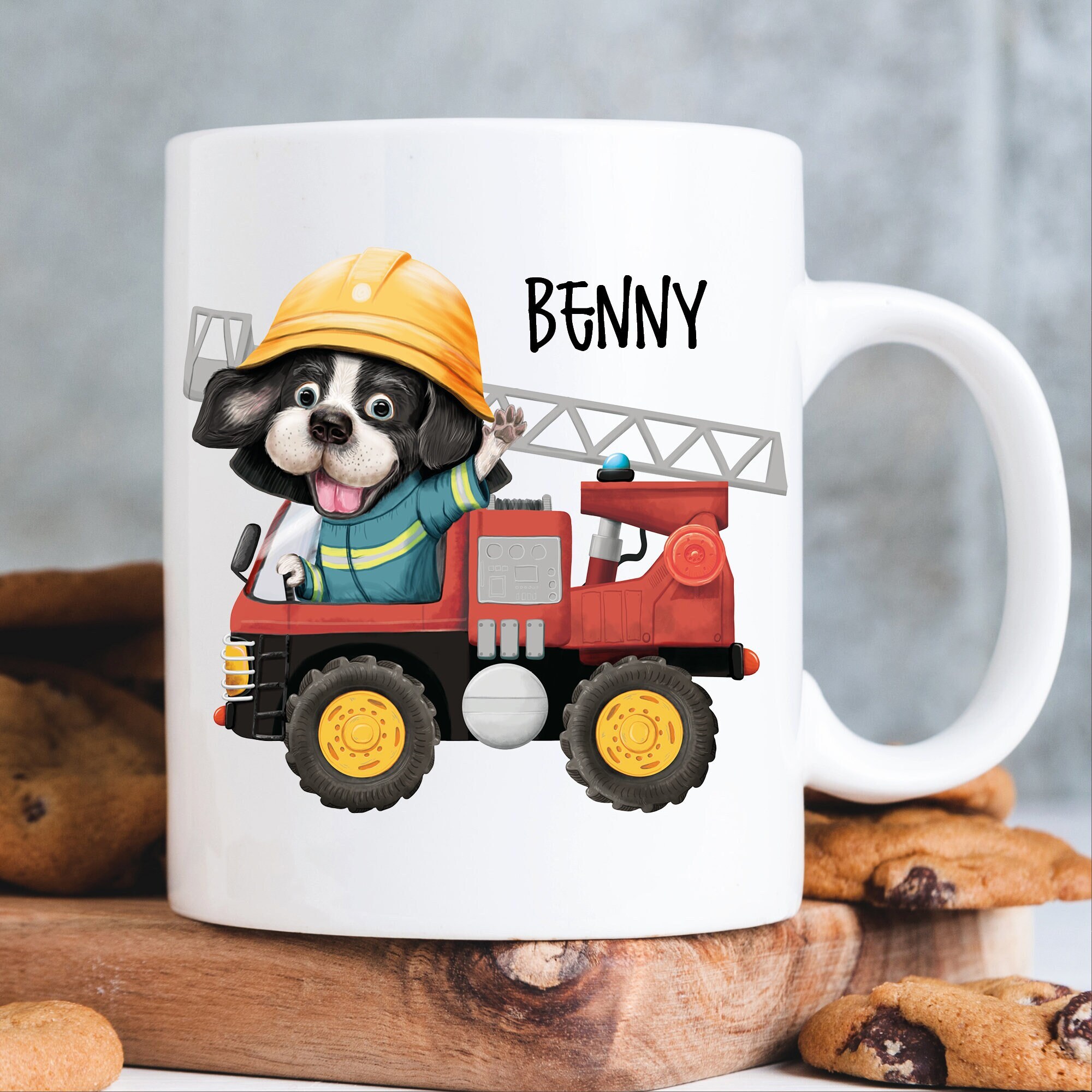 Kindertasse Tasse Hund im Feuerwehrauto personalisiert Wunschname, Geschenk zum Geburtstag, Einschulungsgeschenk