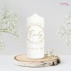 Auf dem Bild ist das Produkt: Taufkerze Kerze Junge Mädchen Kranz aus kleinen Gypsophila Blumen pastell mit Namen, Datum und ggf. Taufspruch zum Preis von €5.90 abgebildet.