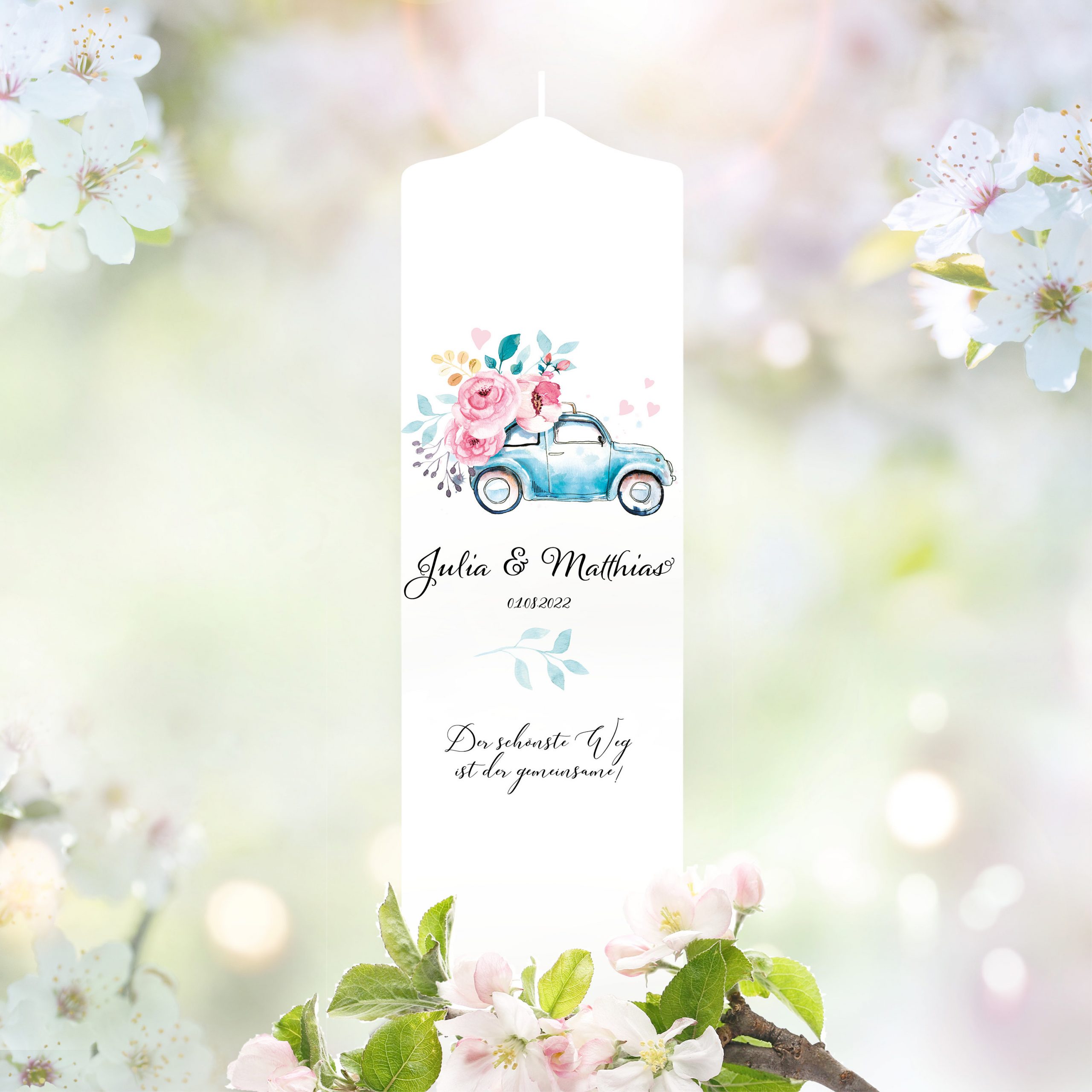 Weiße Hochzeitskerze Geburtstagskerze Auto mit Blumen personalisiert Hochzeitsgeschenk Spruch, Valentinstagsgeschenk