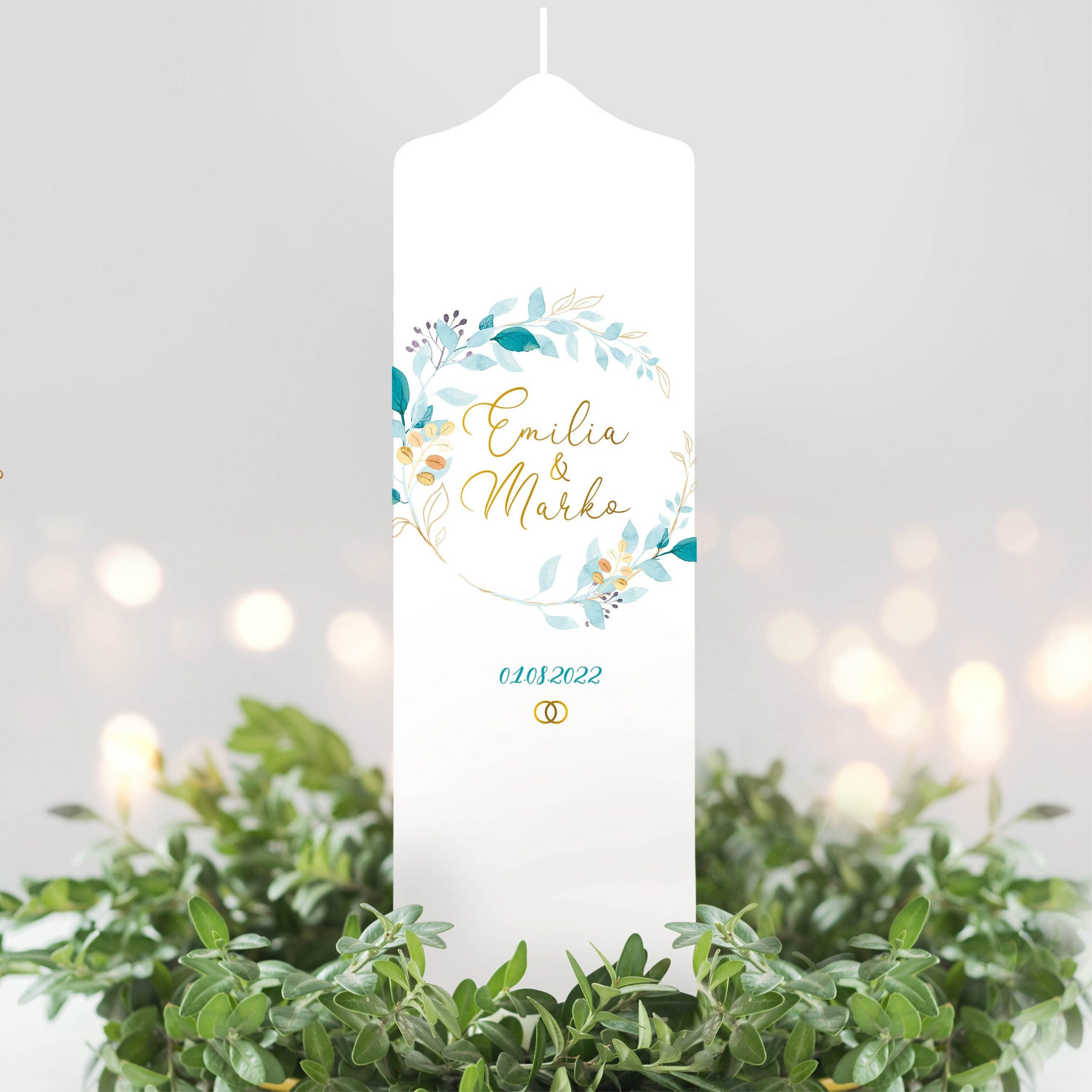 Weiße Hochzeitskerze Geburtstagskerze Kranz aus türkisen Blättern personalisiert Hochzeitsgeschenk Spruch, Valentinstagsgeschenk