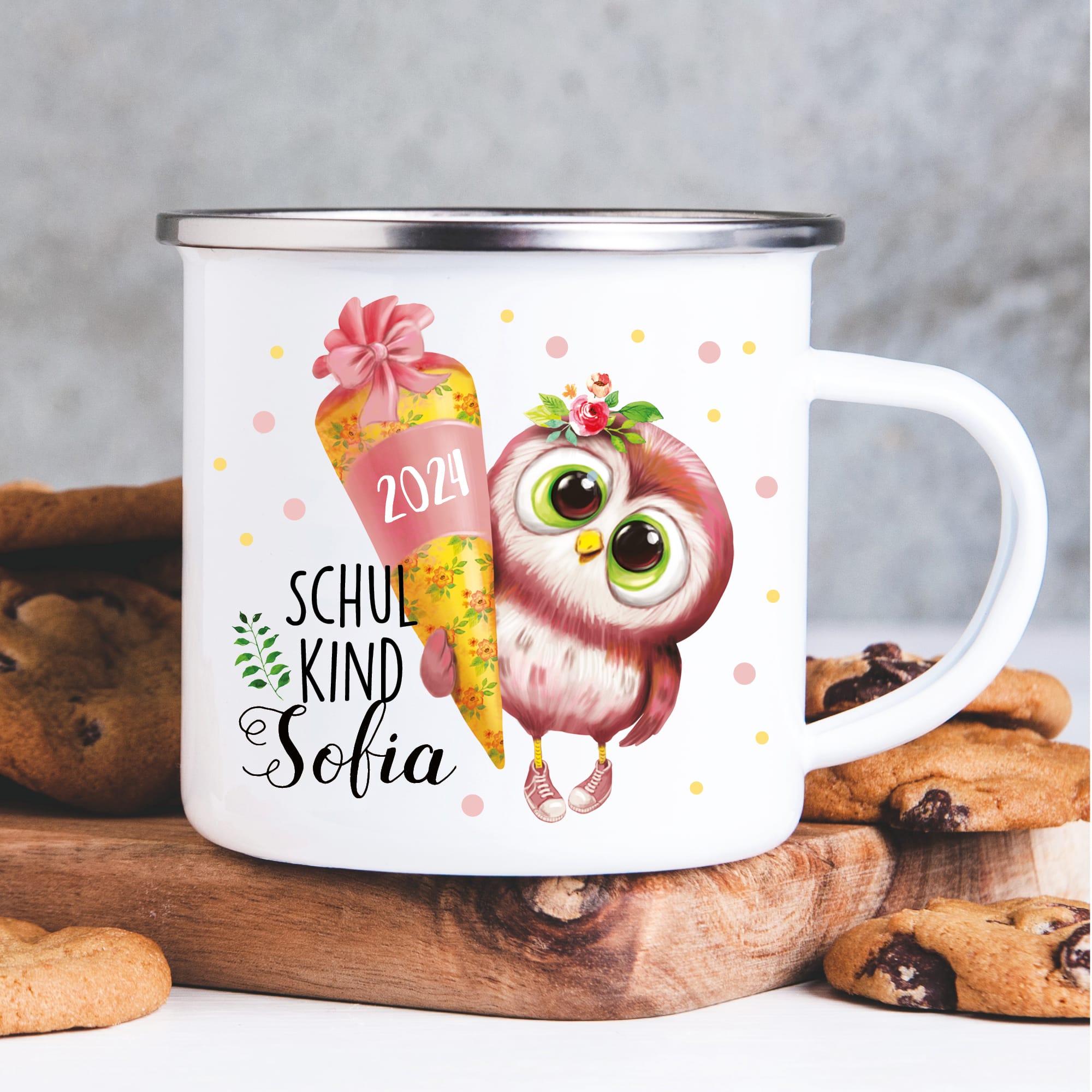 Kindertasse Emaille Becher Eule Schulkind Mädchen Einschulung Geschenk Einschulungsgeschenk