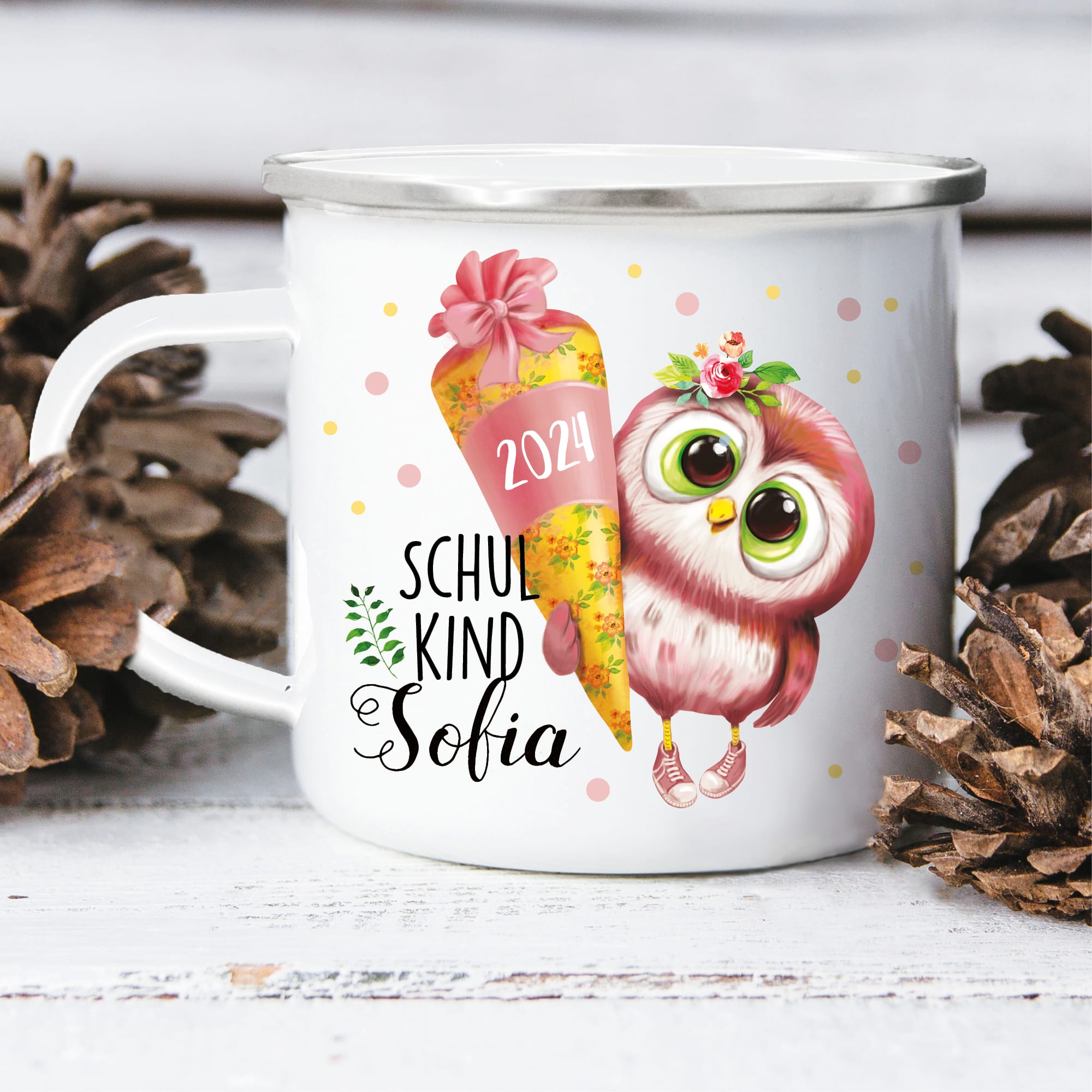 Auf dem Bild ist das Produkt: Kindertasse Emaille Becher Eule Schulkind Mädchen Einschulung Geschenk Einschulungsgeschenk zum Preis von €18.9 abgebildet.