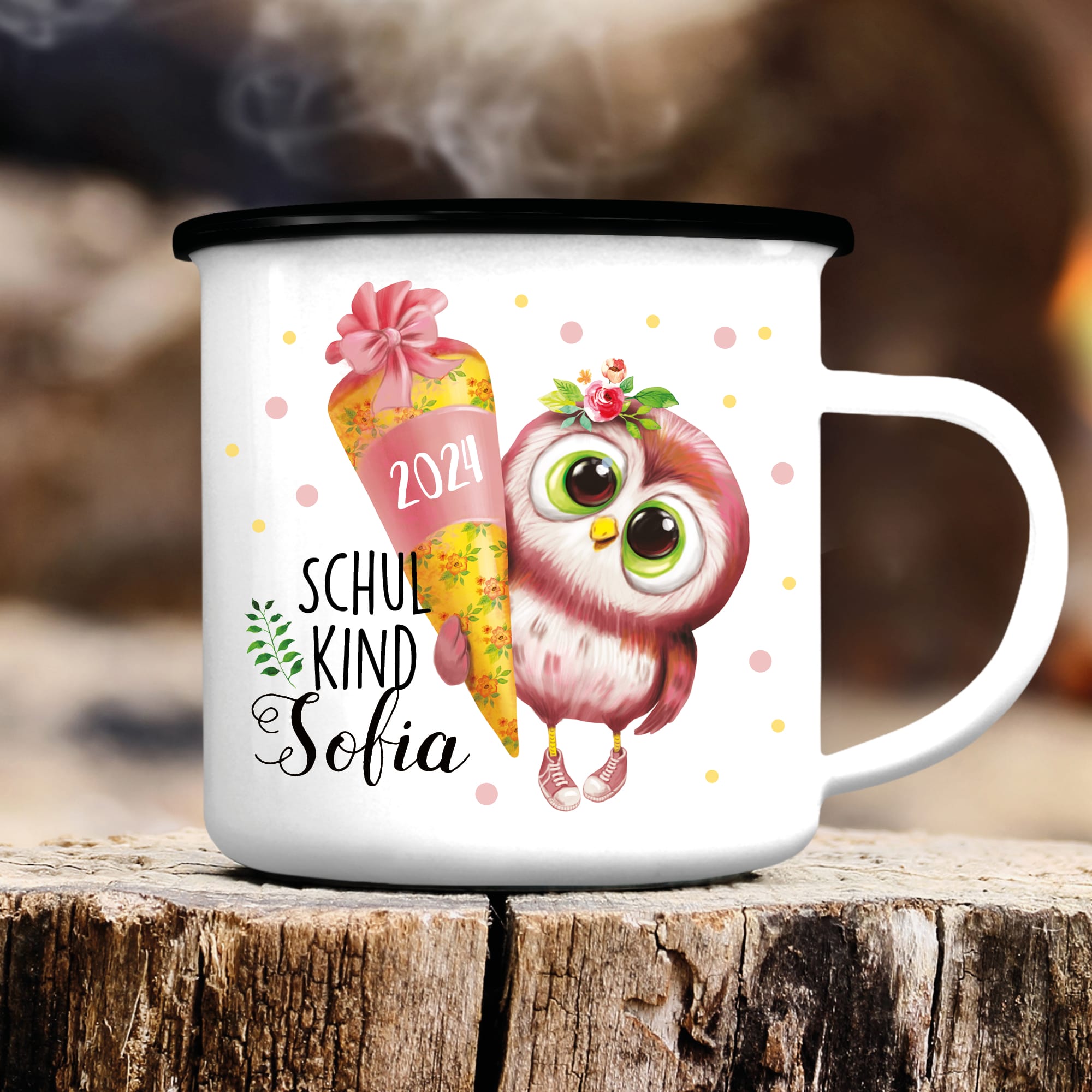 Auf dem Bild ist das Produkt: Kindertasse Emaille Becher Eule Schulkind Mädchen Einschulung Geschenk Einschulungsgeschenk zum Preis von €18.9 abgebildet.