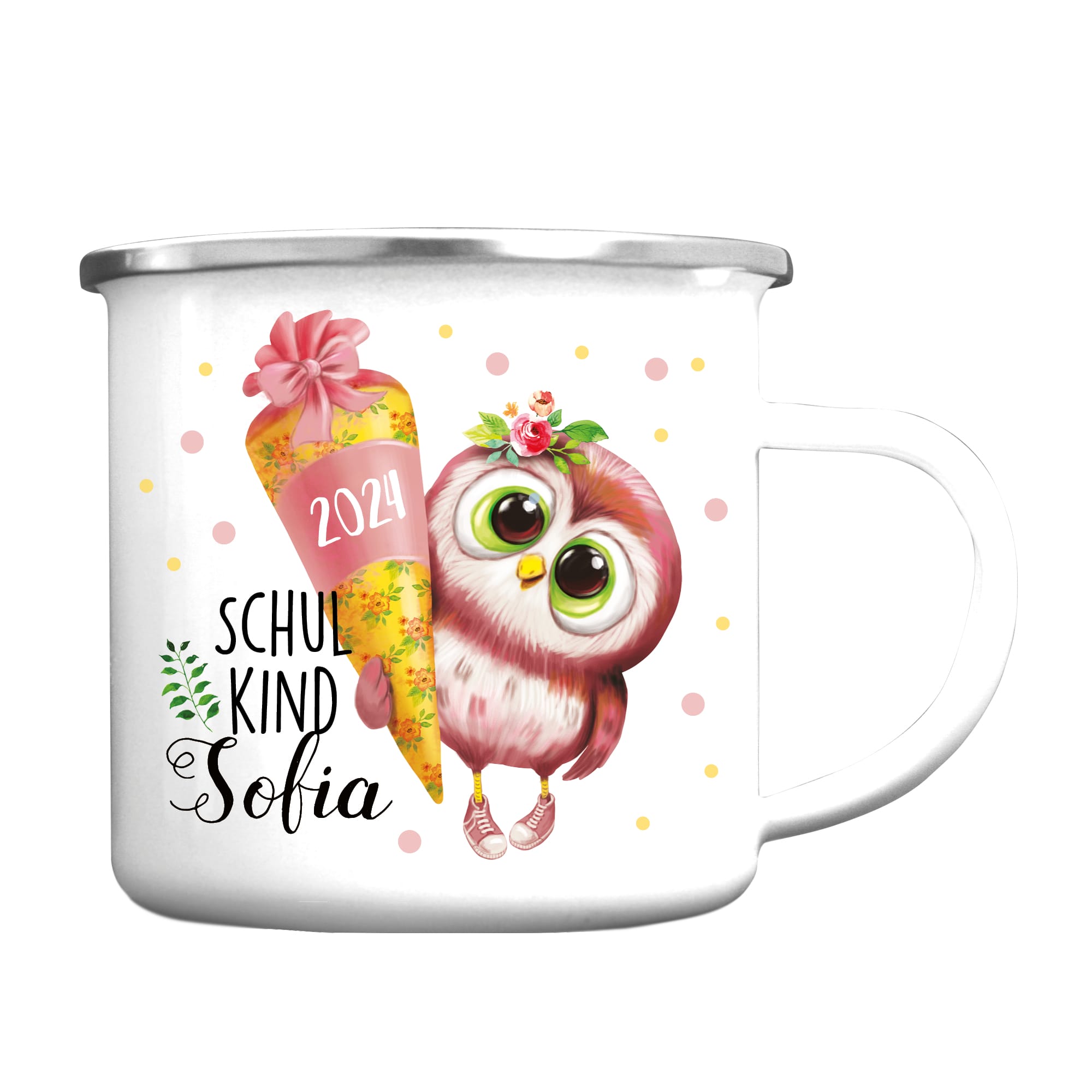 Auf dem Bild ist das Produkt: Kindertasse Emaille Becher Eule Schulkind Mädchen Einschulung Geschenk Einschulungsgeschenk zum Preis von €18.9 abgebildet.
