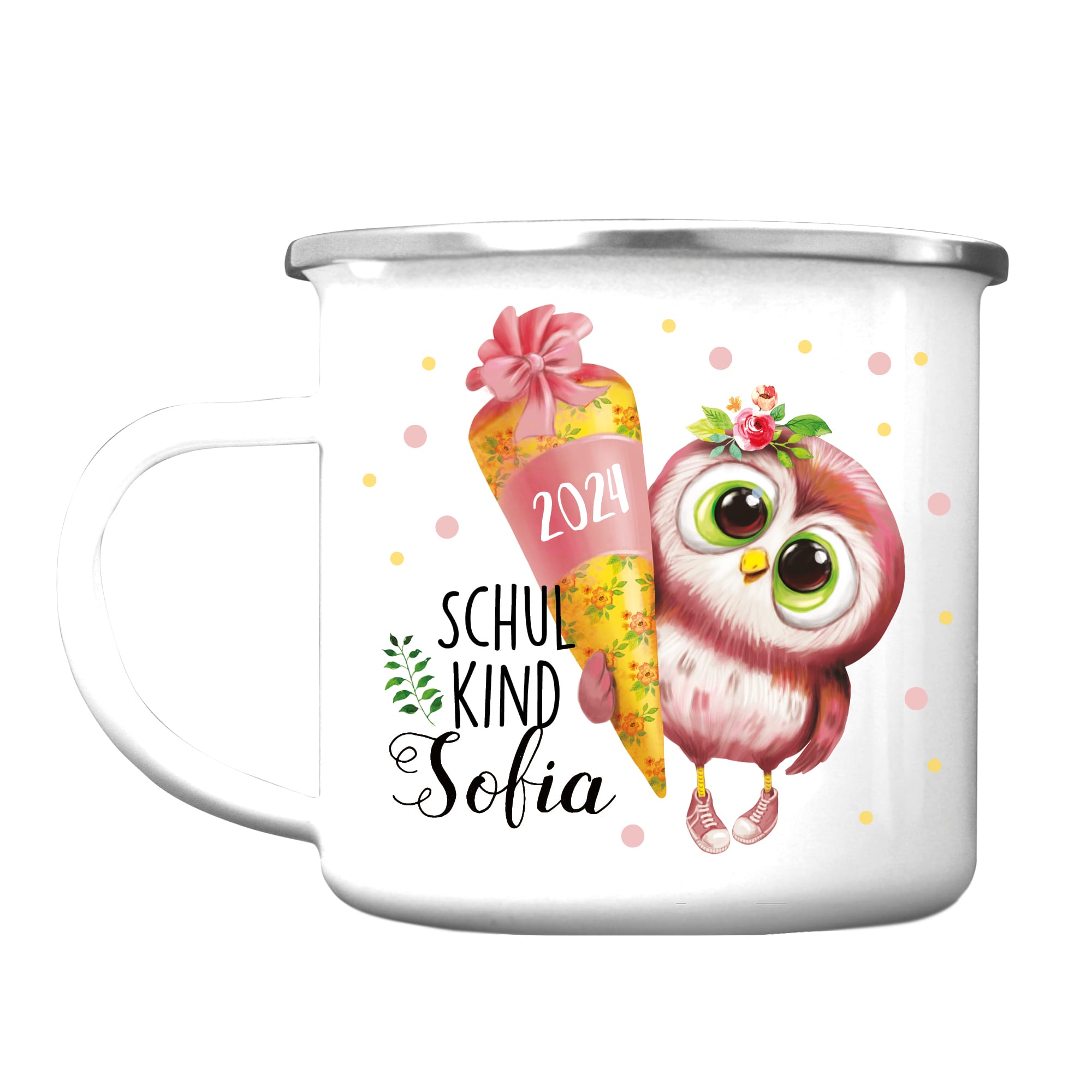 Auf dem Bild ist das Produkt: Kindertasse Emaille Becher Eule Schulkind Mädchen Einschulung Geschenk Einschulungsgeschenk zum Preis von €18.9 abgebildet.