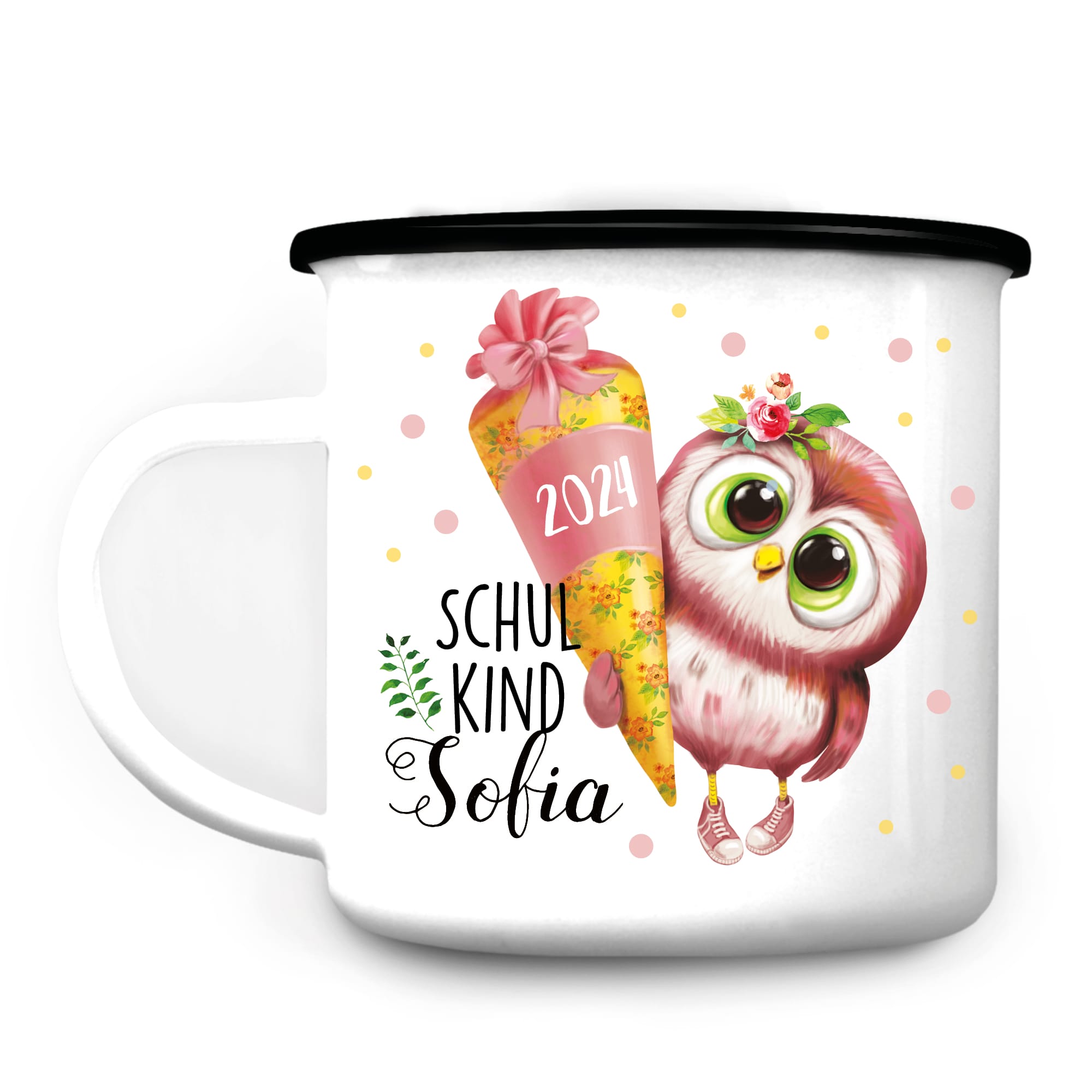 Auf dem Bild ist das Produkt: Kindertasse Emaille Becher Eule Schulkind Mädchen Einschulung Geschenk Einschulungsgeschenk zum Preis von €18.9 abgebildet.