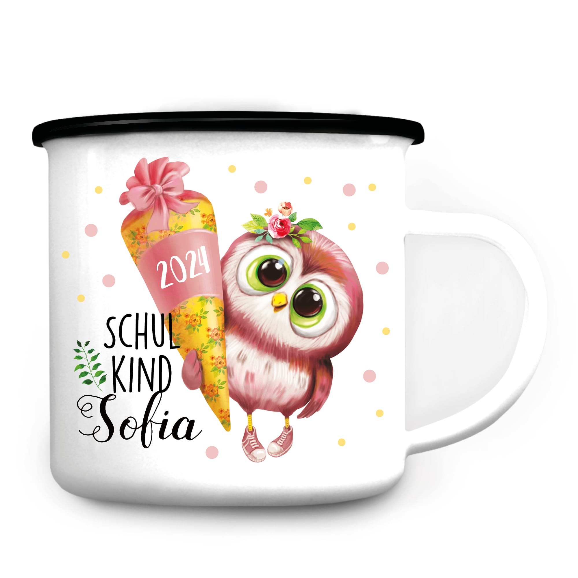 Auf dem Bild ist das Produkt: Kindertasse Emaille Becher Eule Schulkind Mädchen Einschulung Geschenk Einschulungsgeschenk zum Preis von €18.9 abgebildet.