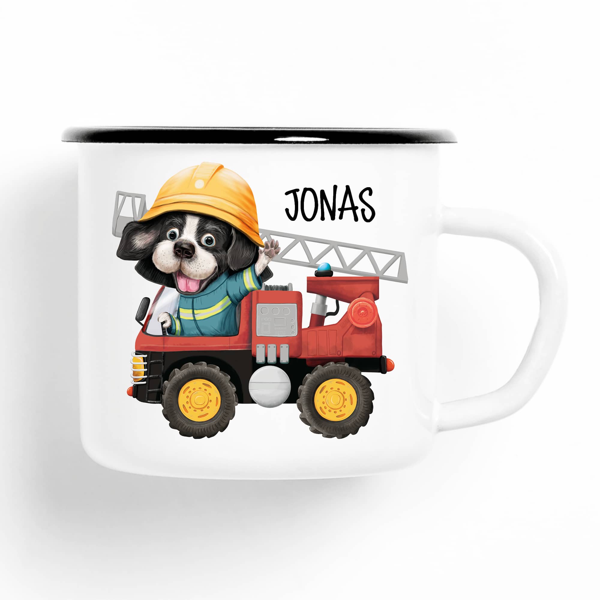 Auf dem Bild ist das Produkt: Campingbecher Emaille Hund in Feuerwehrauto mit Wunschname Emaille Tasse, personalisiertes Geschenk zum Preis von €18.9 abgebildet.