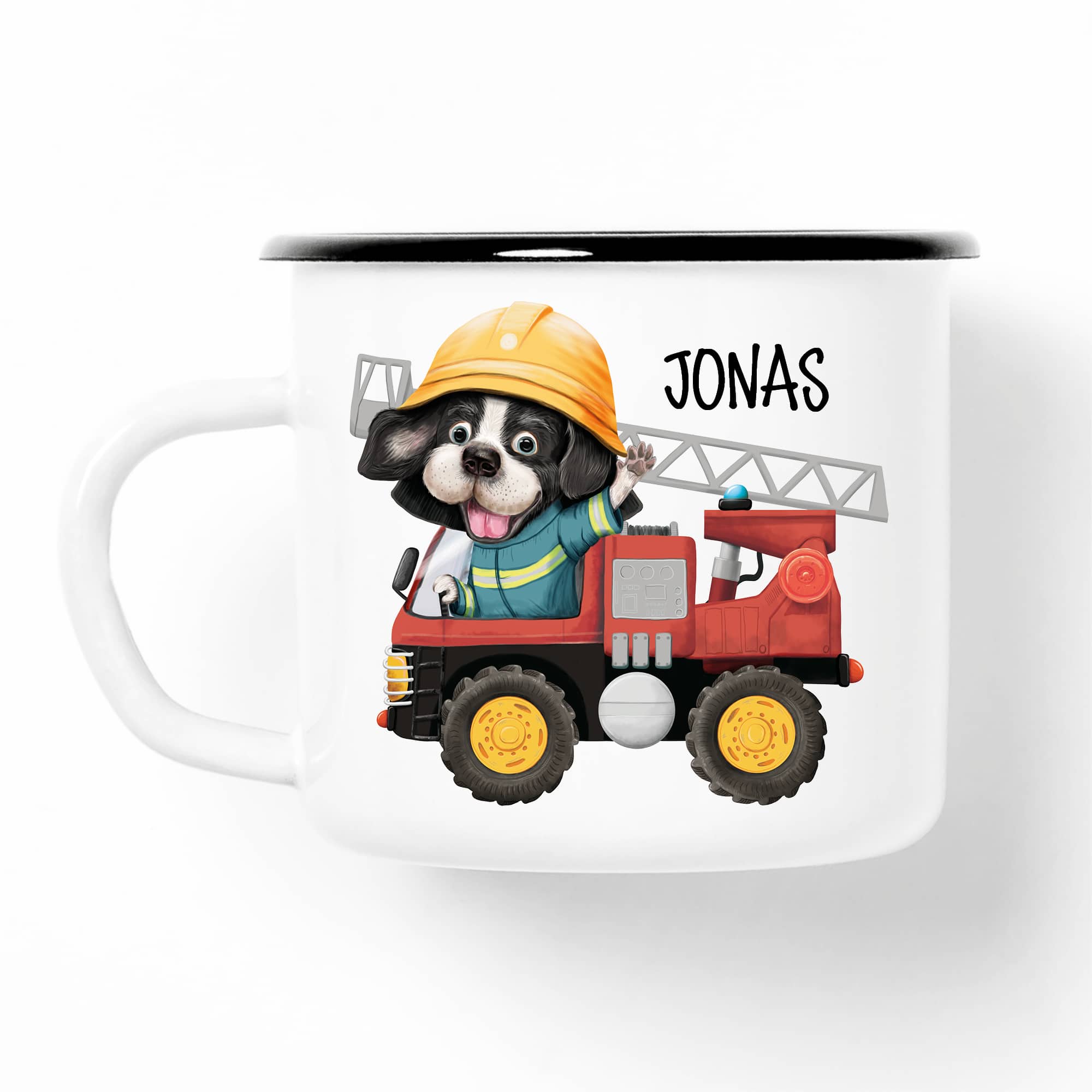 Auf dem Bild ist das Produkt: Campingbecher Emaille Hund in Feuerwehrauto mit Wunschname Emaille Tasse, personalisiertes Geschenk zum Preis von €18.9 abgebildet.