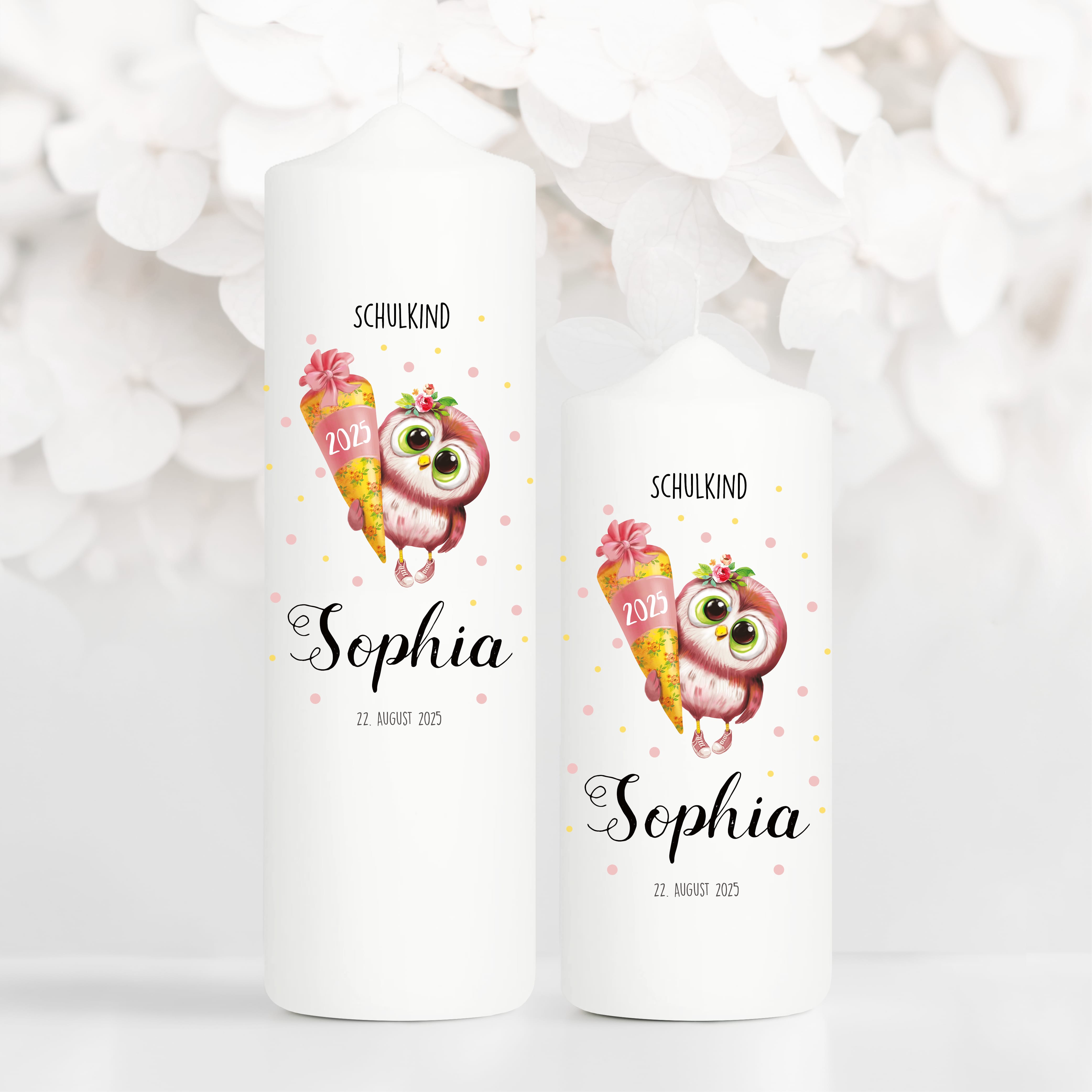 Auf dem Bild ist das Produkt: Geschenk zur Einschulung Kerze mit Eule und Schultüte personalisiert mit Namen und Datum anpassbares Einschulungsgeschenk Mädchen zum Preis von €5.9 abgebildet.