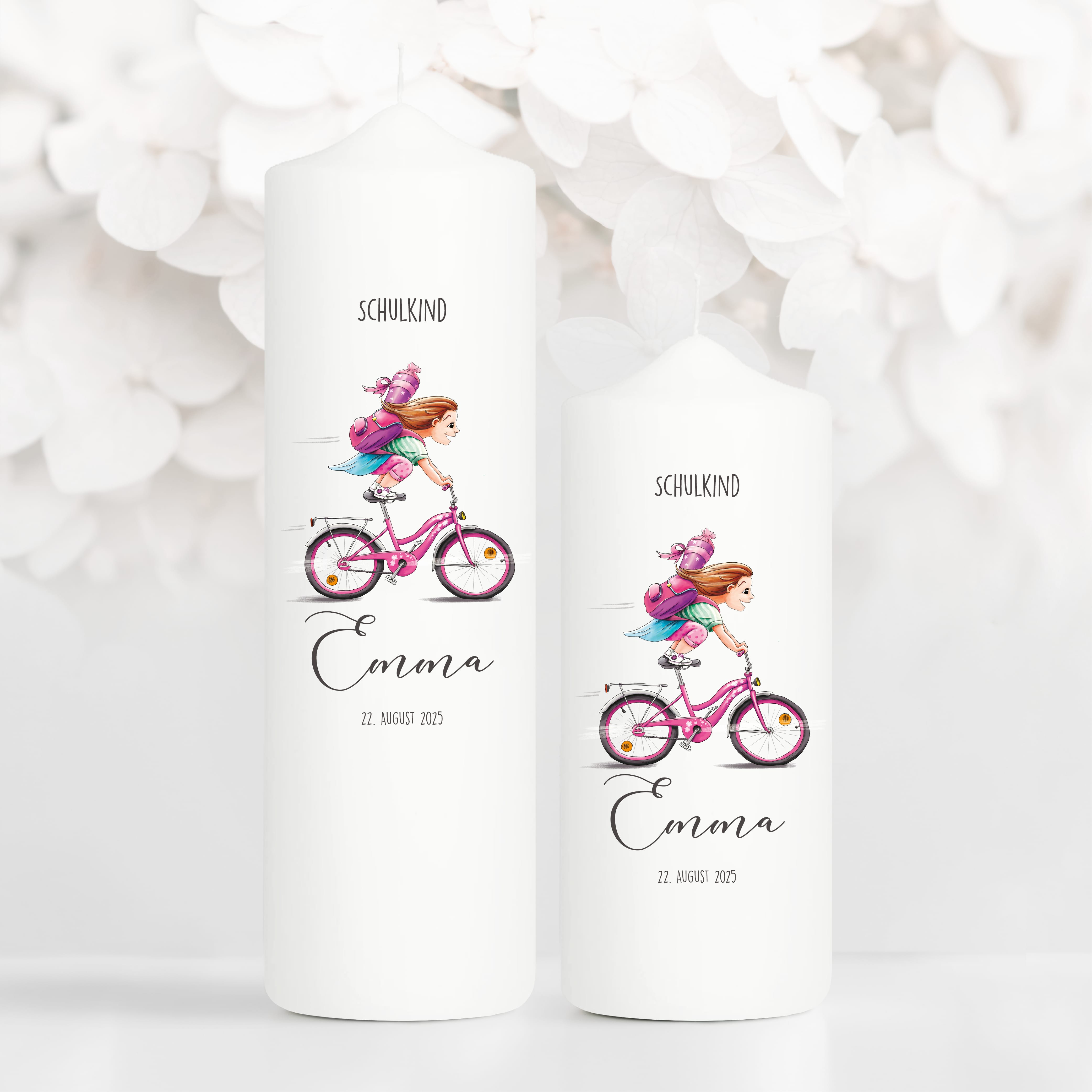 Anpassbare Kerze Mädchen auf Fahrrad personalisiert mit Namen und Datum Einschulungsgeschenk Geschenk zur Einschulung