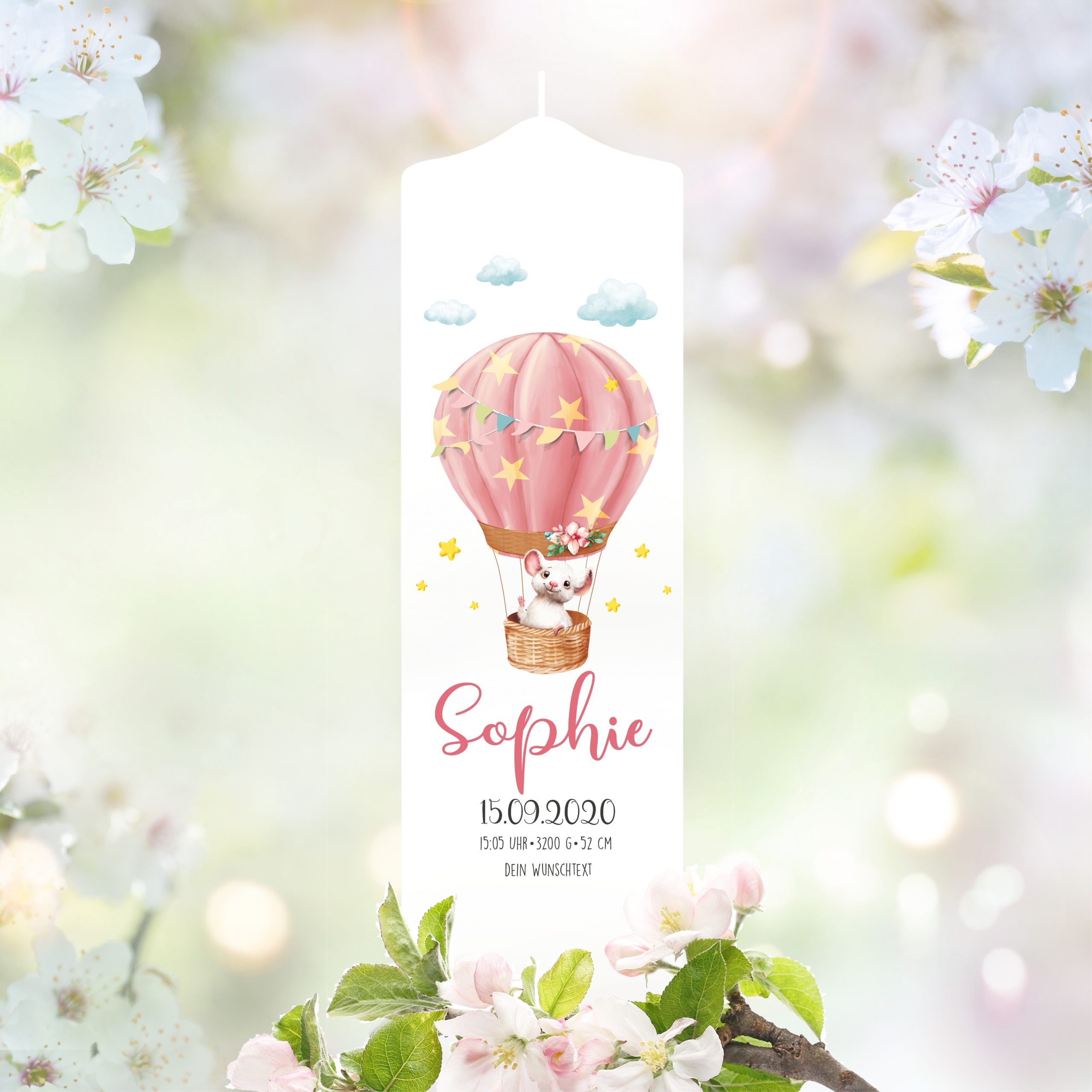 Auf dem Bild ist das Produkt: Taufkerze oder Kerze zur Geburt Mädchen mit Maus im Heißluftballon pastell mit Namen Datum Uhrzeit Gewicht zum Preis von €5.9 abgebildet.
