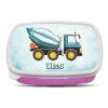 Auf dem Bild ist das Produkt: personalisierbare Brotdose blau weißer Mischer Betonmischer Auto mit Wunschnamen Schule Geschenk Einschulung Geburtstag zum Preis von €19.90 abgebildet.