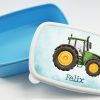 Auf dem Bild ist das Produkt: personalisierbare Brotdose grüner Traktor Trecker Auto Wunschnamen Schule Geschenk Einschulung Geburtstag zum Preis von €19.90 abgebildet.