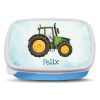 Auf dem Bild ist das Produkt: personalisierbare Brotdose grüner Traktor Trecker Auto Wunschnamen Schule Geschenk Einschulung Geburtstag zum Preis von €19.90 abgebildet.
