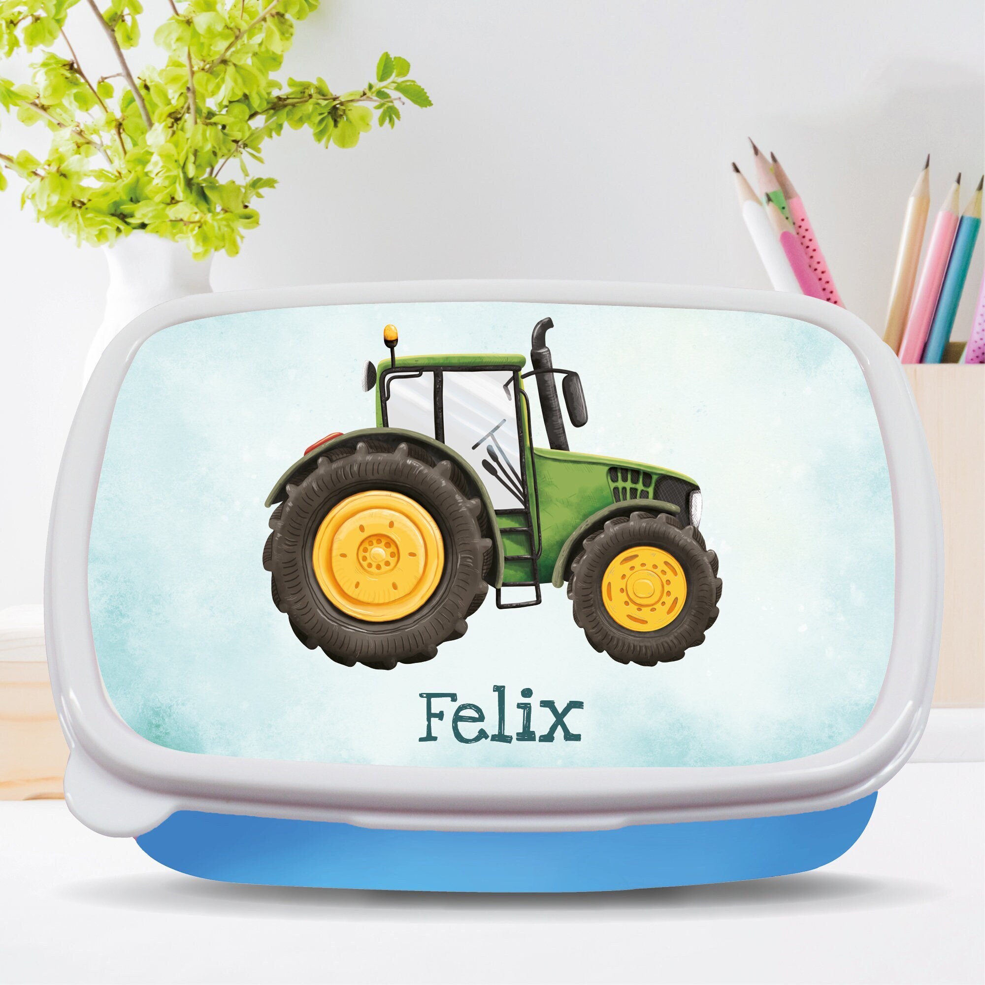 Brotdose grüner Traktor Trecker Auto, personalisiert mit Wunschnamen Schule Geschenk Einschulung, Geschenk Geburtstag
