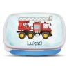Auf dem Bild ist das Produkt: Brotdose rotes Feuerwehrauto personalisiert mit Wunschnamen Schule Geschenk Einschulung, Geschenk Geburtstag zum Preis von €19.90 abgebildet.