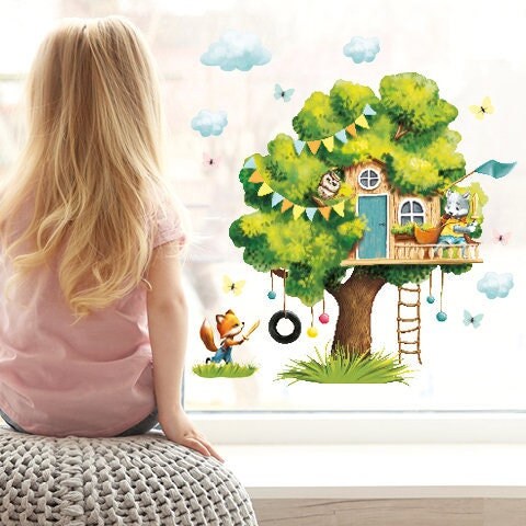 Fensterbild Frühling Ostern Baumhaus Eule Fuchs Schmetterlinge Fensterdeko Kinderzimmer Kind