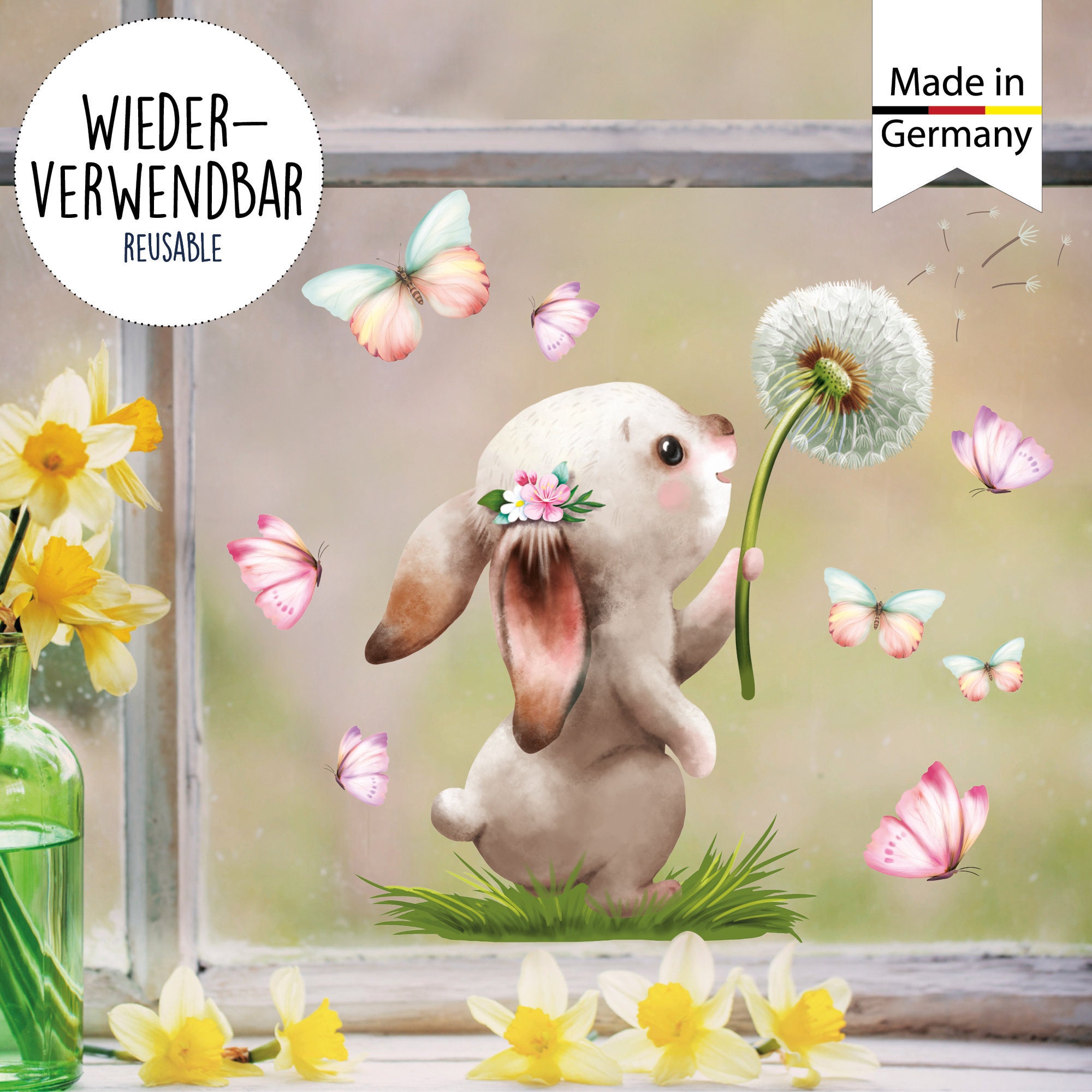 Fensterbild Frühling Ostern Hase Pusteblume Schmetterlinge Fensterdeko Kinder, Frühlingsdeko, Osterdeko