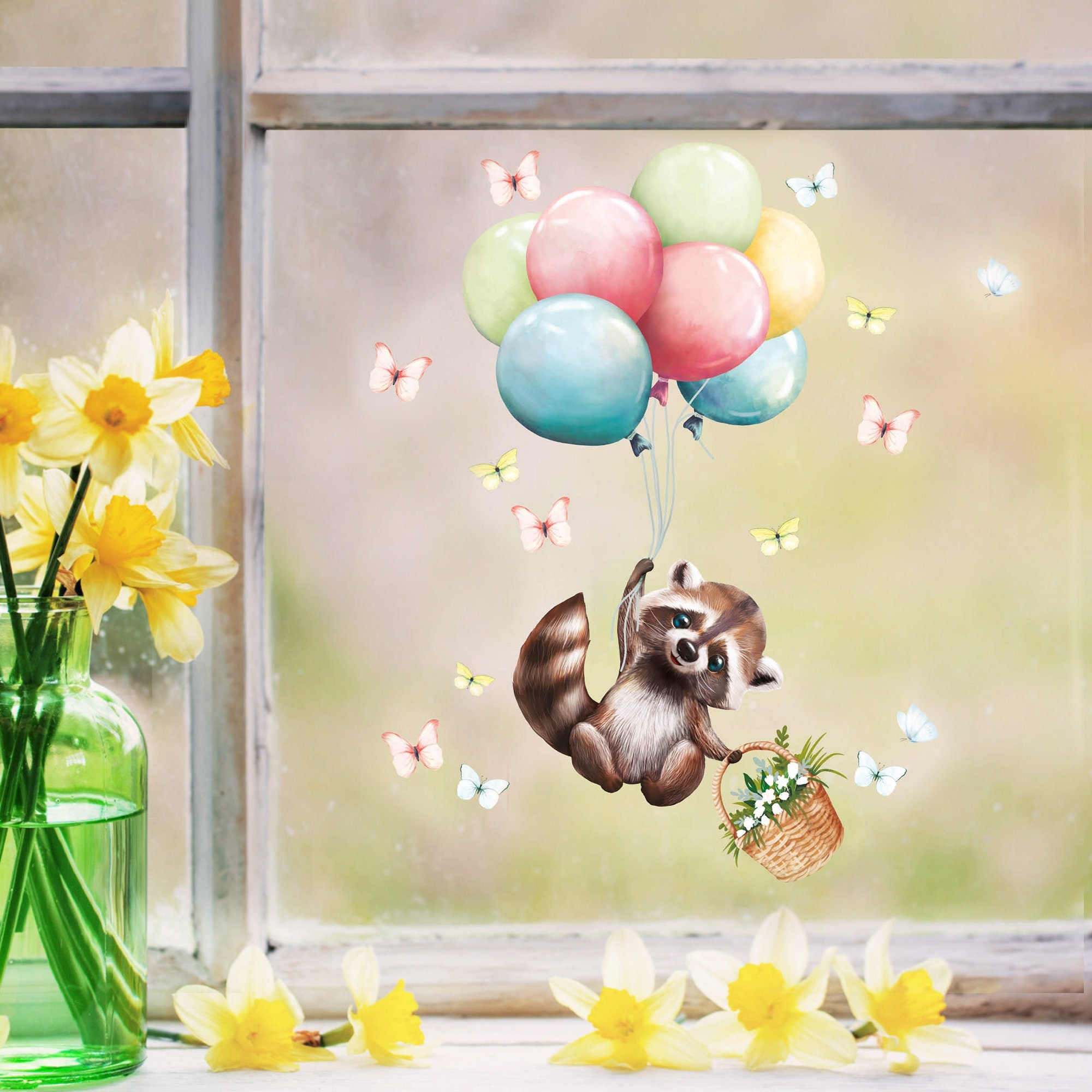 Fensterbild Frühling Ostern Waschbär Luftballons Schmetterlinge Fensterdeko Kinderzimmer Kind, Frühlingsdeko, Osterdeko