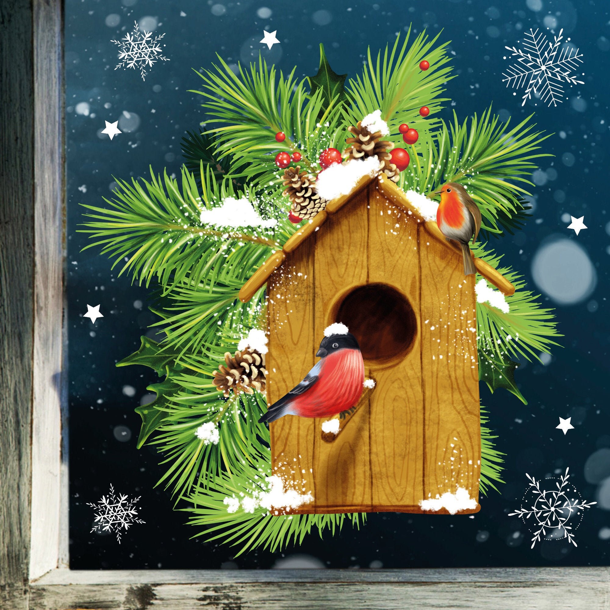 Fensterbild Weihnachten Winter Vogelhäuschen Tannenzweige Schneeflocken Fensteraufkleber