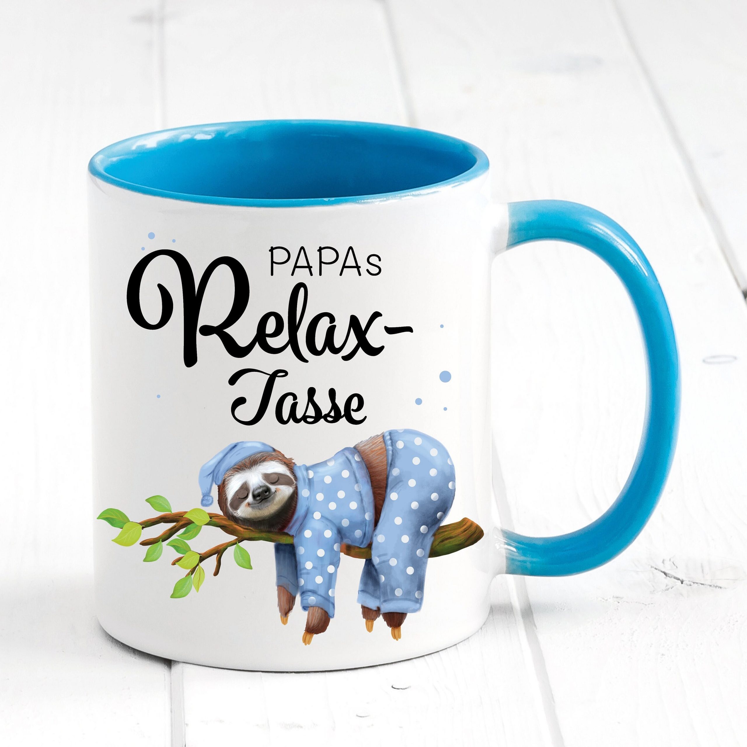 Geschenkidee Tasse bedruckt, "Relax Tasse" personalisiert mit Namen, Geburtstagsgeschenk, Faultier im Pyjama auf Ast, Vatertagsgeschenk