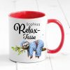 Auf dem Bild ist das Produkt: Geschenkidee Tasse bedruckt, "Relax Tasse" personalisiert mit Namen, Geburtstagsgeschenk, Faultier im Pyjama auf Ast, Vatertagsgeschenk zum Preis von €18.9 abgebildet.