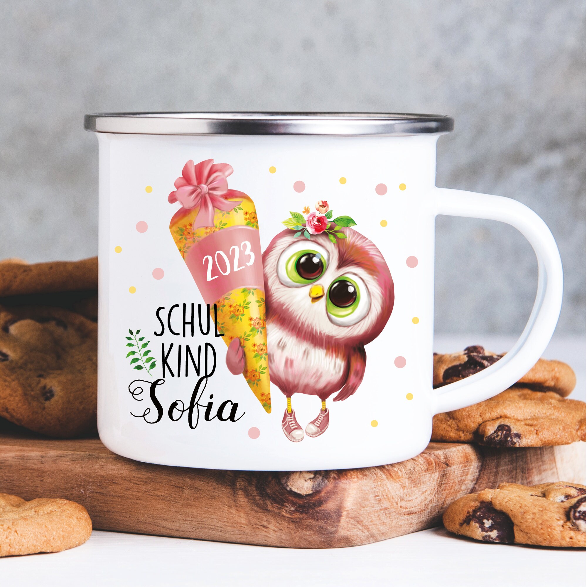 Kindertasse Emaille Becher Eule Schulkind Mädchen Einschulung Geschenk Outdoorgeschirr wandern